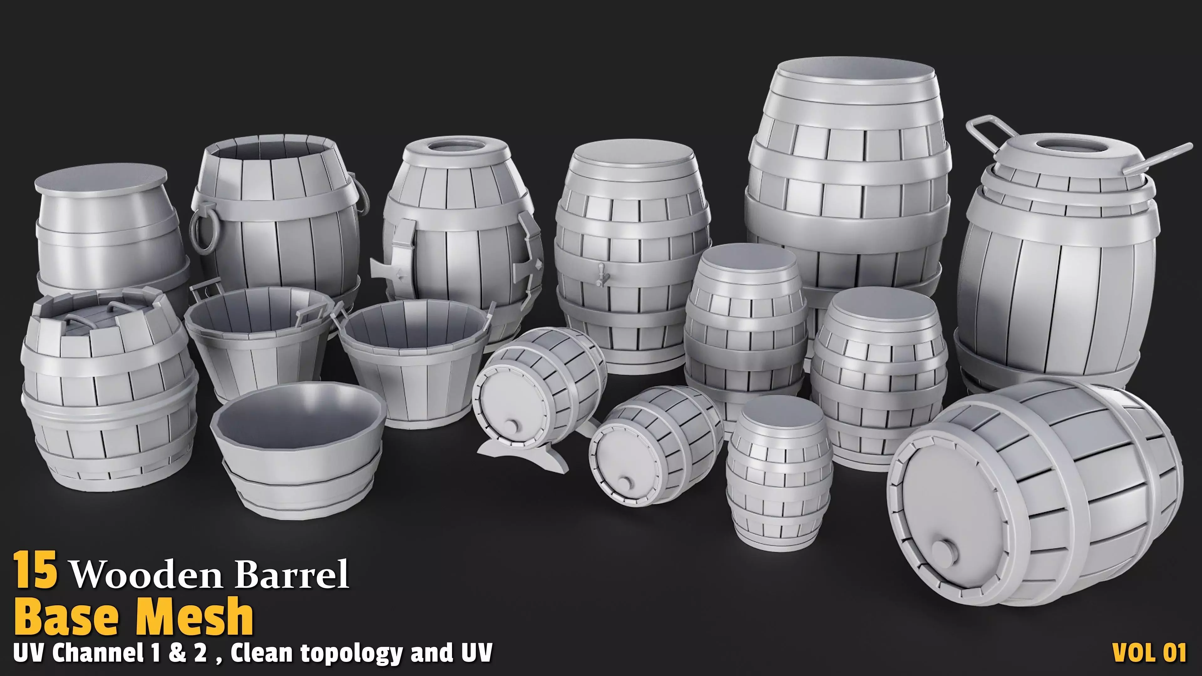 Wooden Barrel  Base Mesh Low-poly 3D model_0