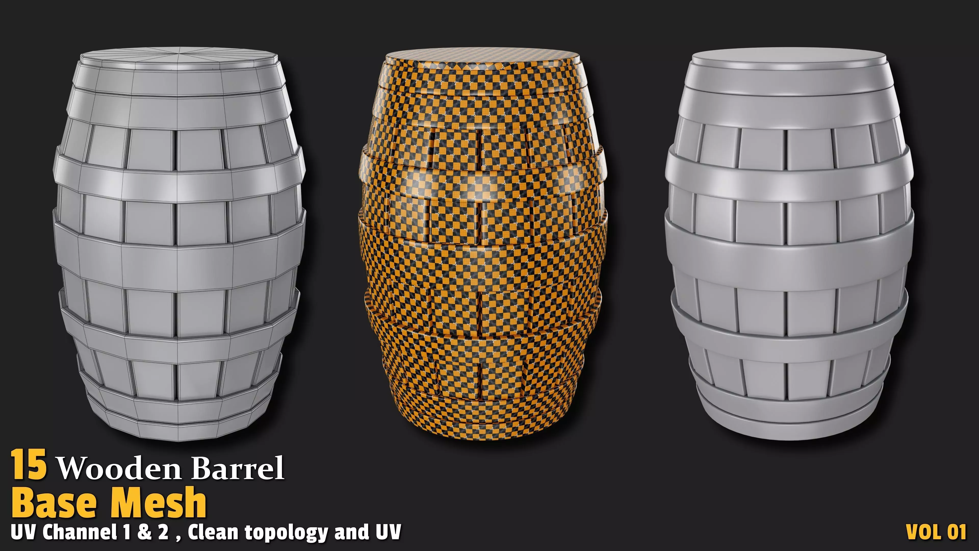Wooden Barrel  Base Mesh Low-poly 3D model_7