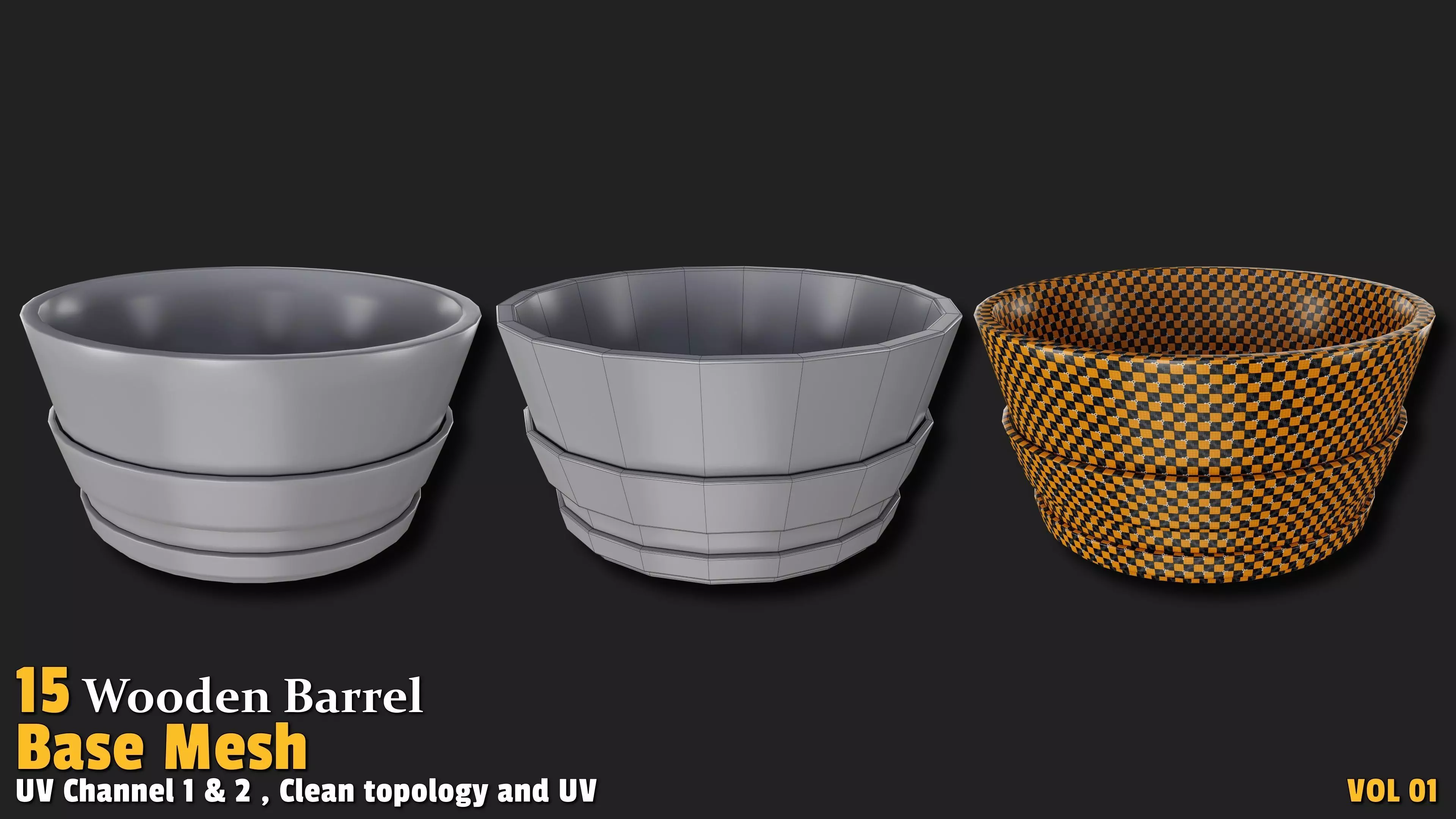 Wooden Barrel  Base Mesh Low-poly 3D model_4