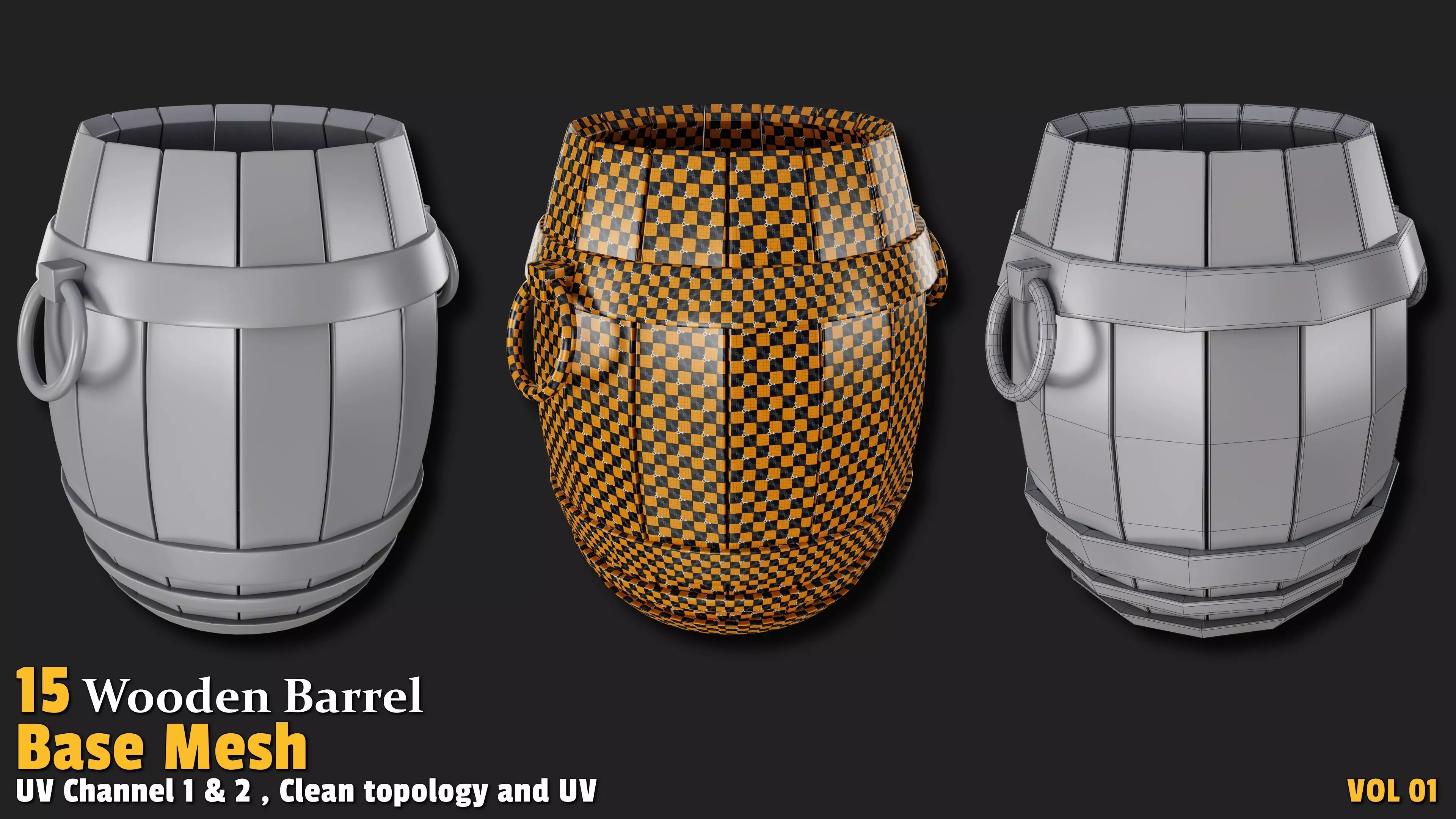 Wooden Barrel  Base Mesh Low-poly 3D model_6