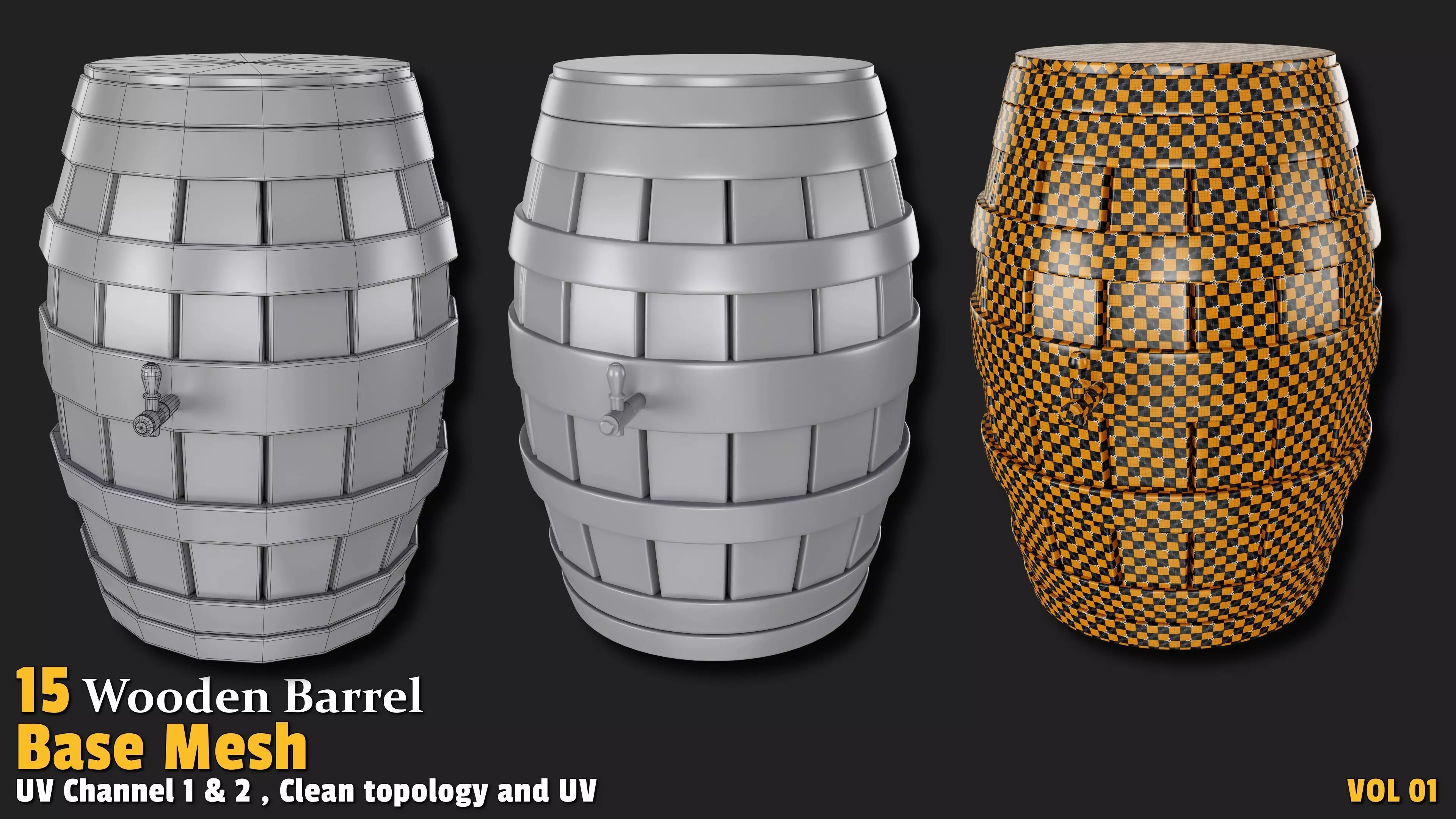 Wooden Barrel  Base Mesh Low-poly 3D model_8
