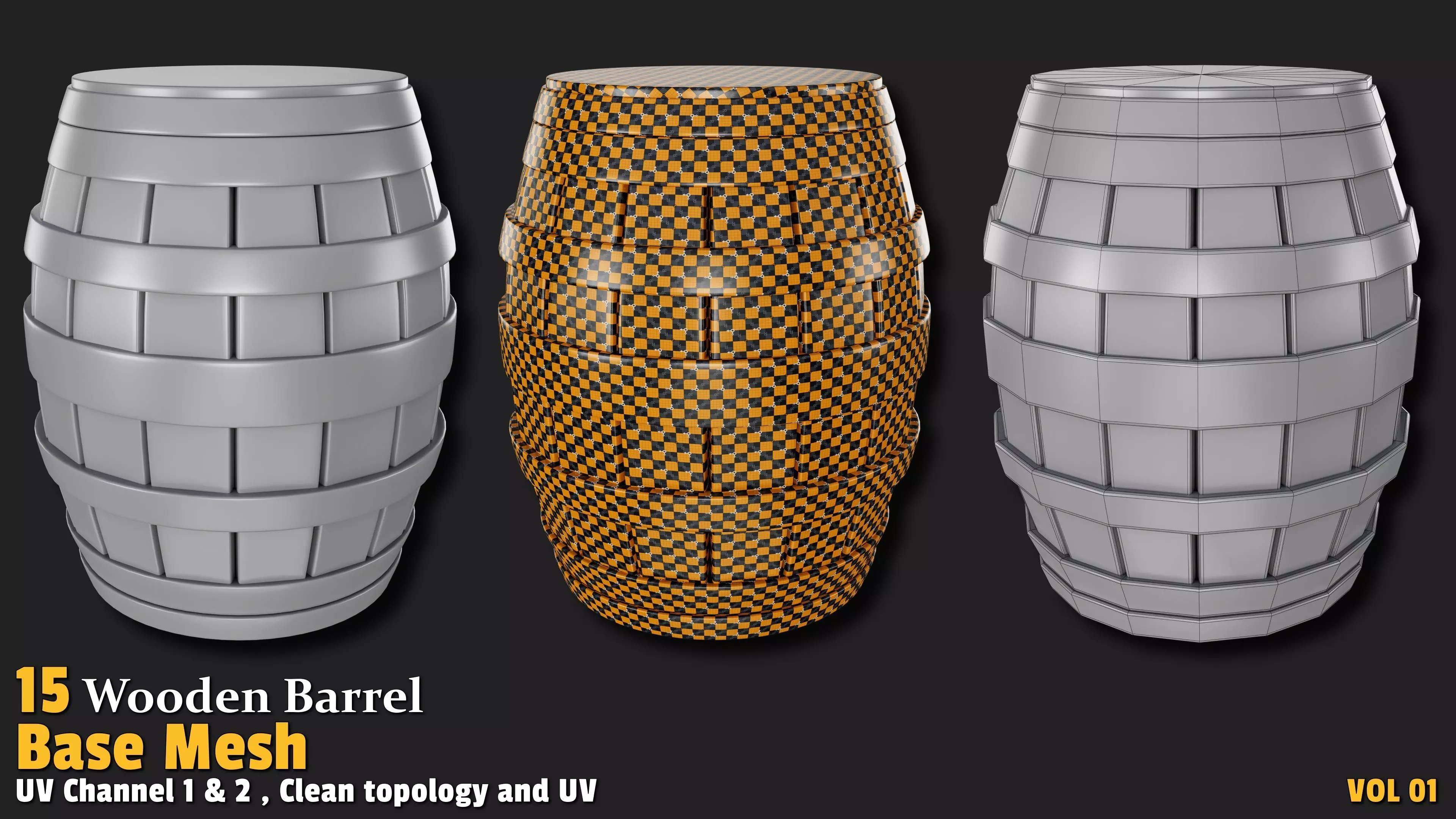 Wooden Barrel  Base Mesh Low-poly 3D model_10