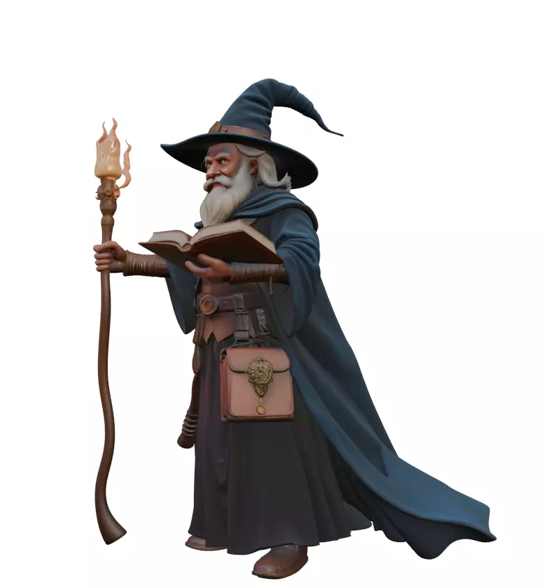 Wizard Character Model Fantasy Mage with Staff and Spellbook 3D model_1