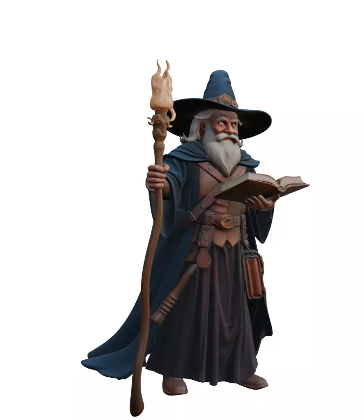 Wizard Character Model Fantasy Mage with Staff and Spellbook 3D model_4