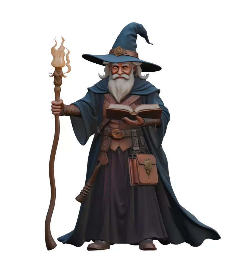 Wizard Character Model Fantasy Mage with Staff and Spellbook 3D model_0