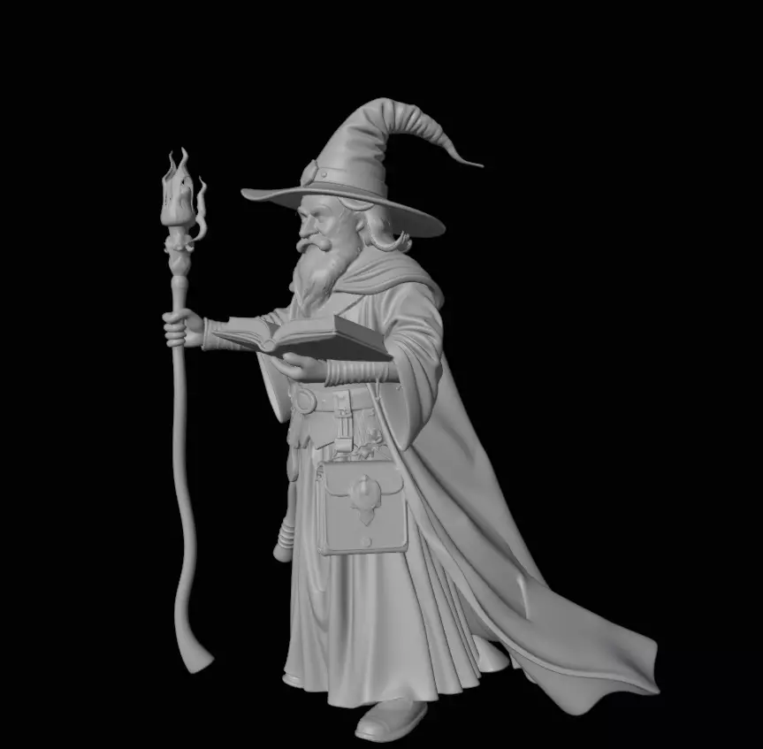 Wizard Character Model Fantasy Mage with Staff and Spellbook 3D model_6