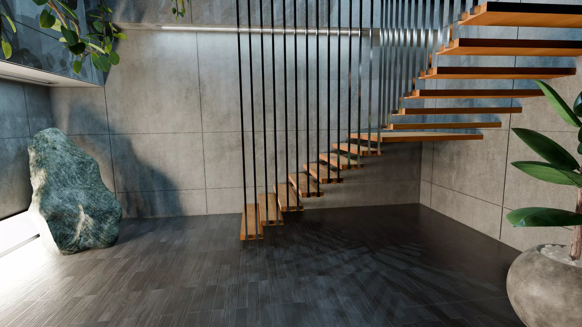 Concrete Interior Equipped - Modern Minimalist Hall Low-poly 3D model_2