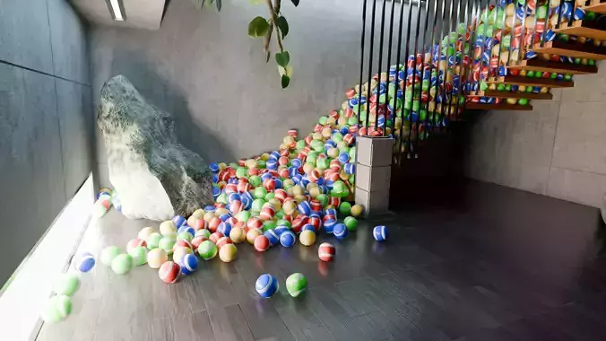 Balls Physics Simulation in Modern Concrete Interior 