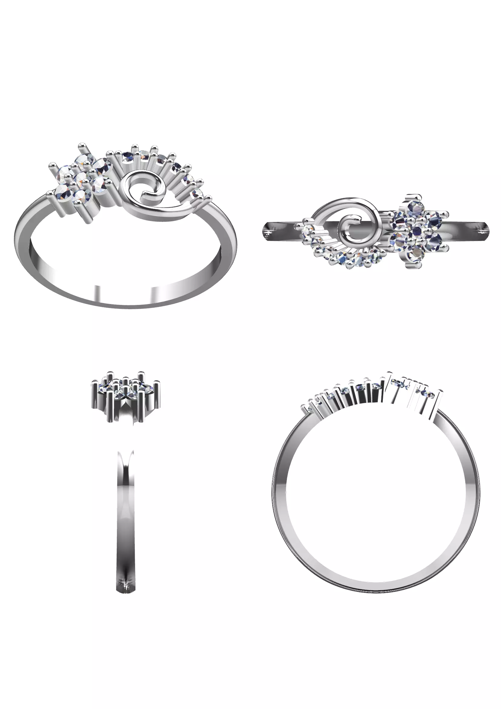 Spiral Cluster Diamond Ring - Modern 14K Gold Fine Jewellery 3D print model_12