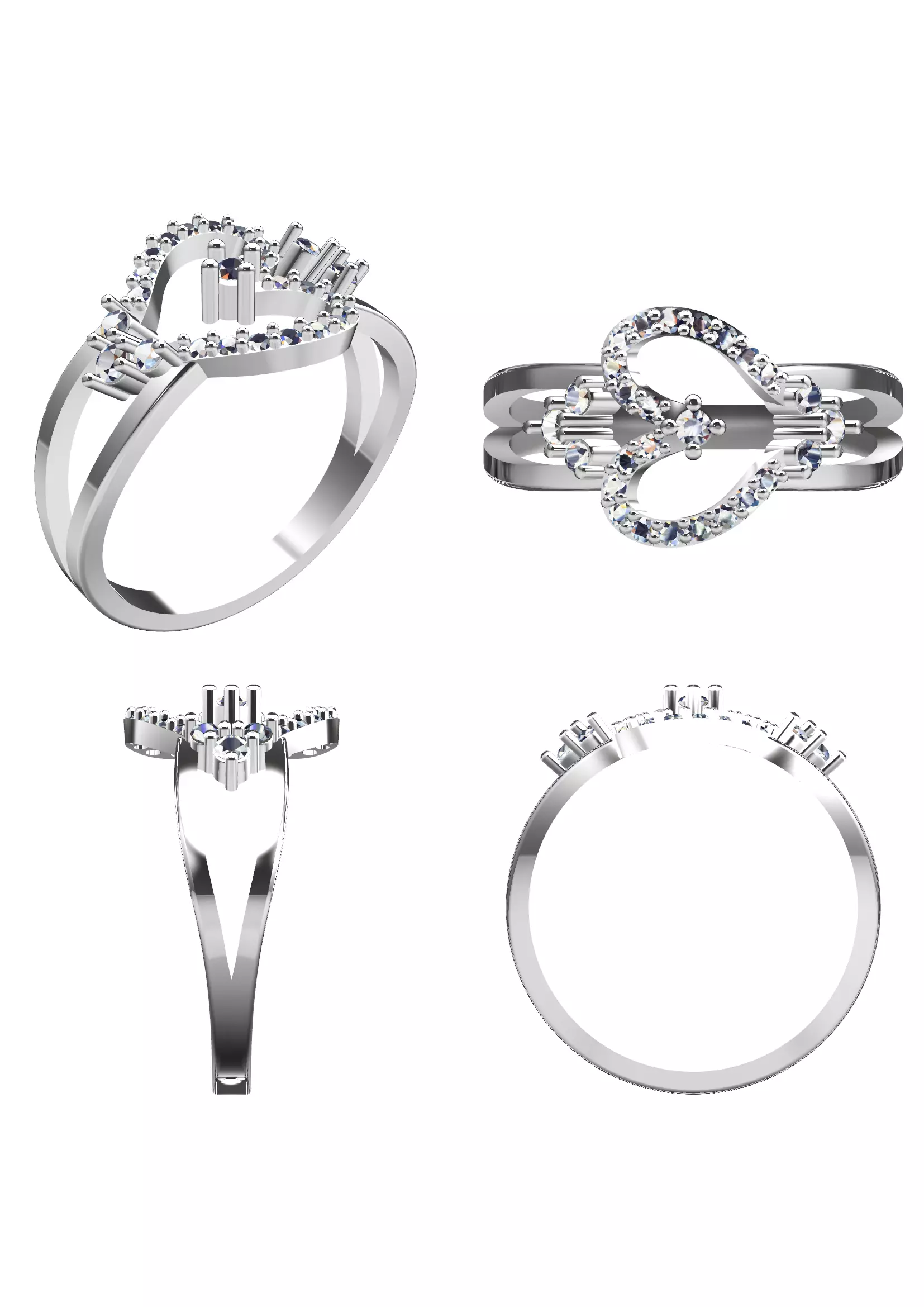 Heart Diamond Ring - Luxury 14K Gold Baguette Round Jewellery 3D print model_10