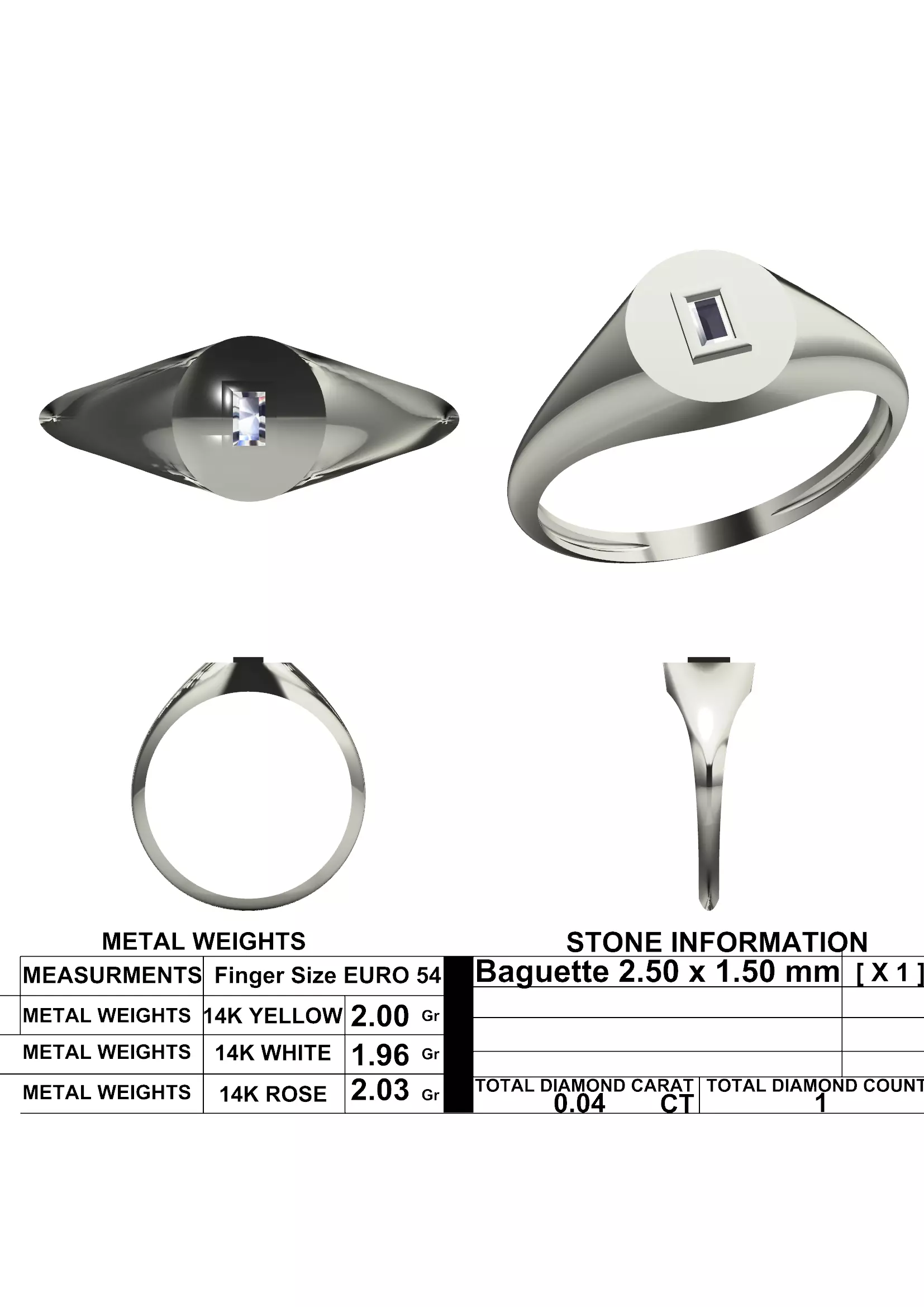 Geometric Signet Diamond Ring - 14K Gold Baguette 3D print model_8