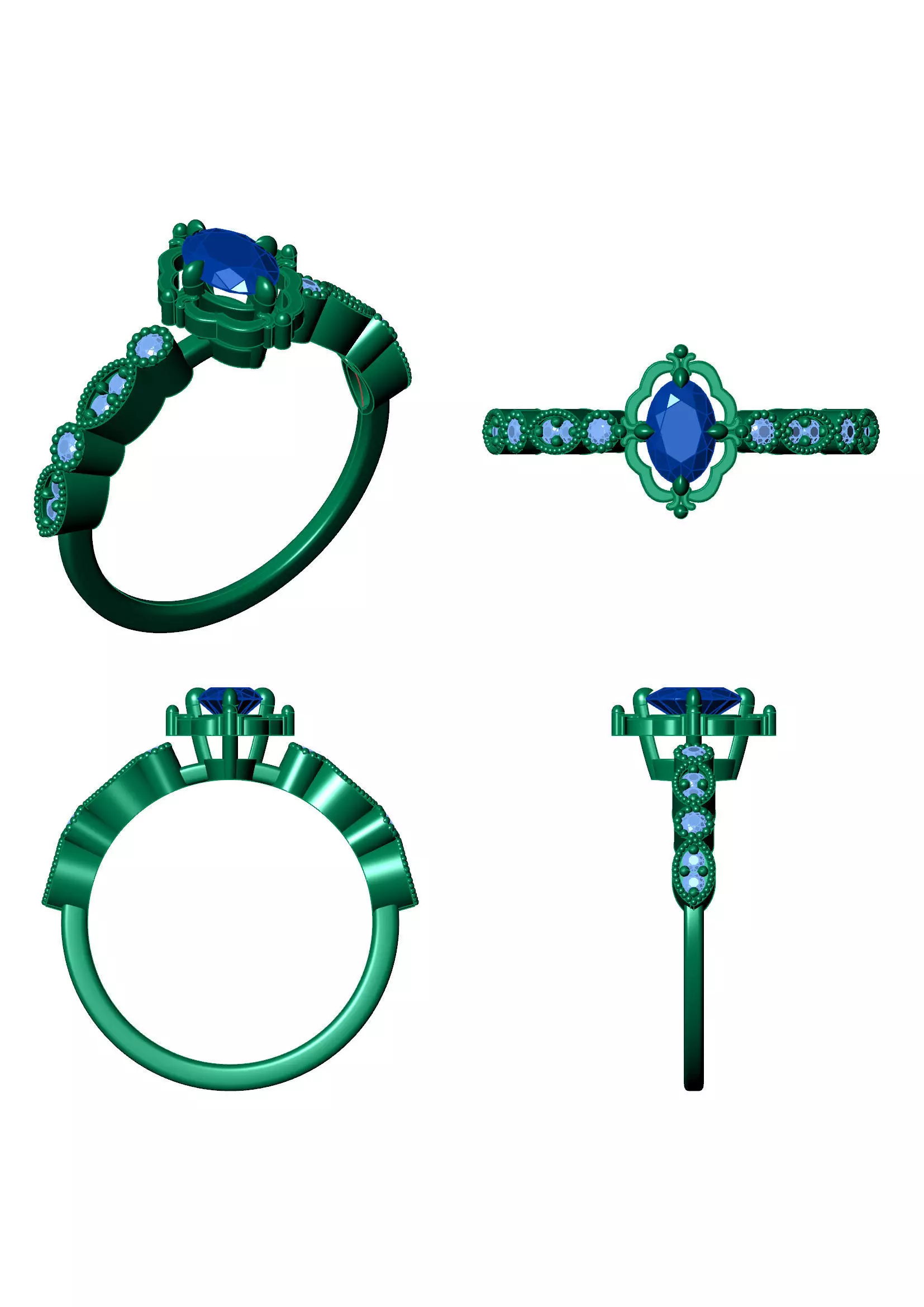 Oval Vintage Diamond Engagement Ring - Fine 14K Gold Jewellery 3D print model_12