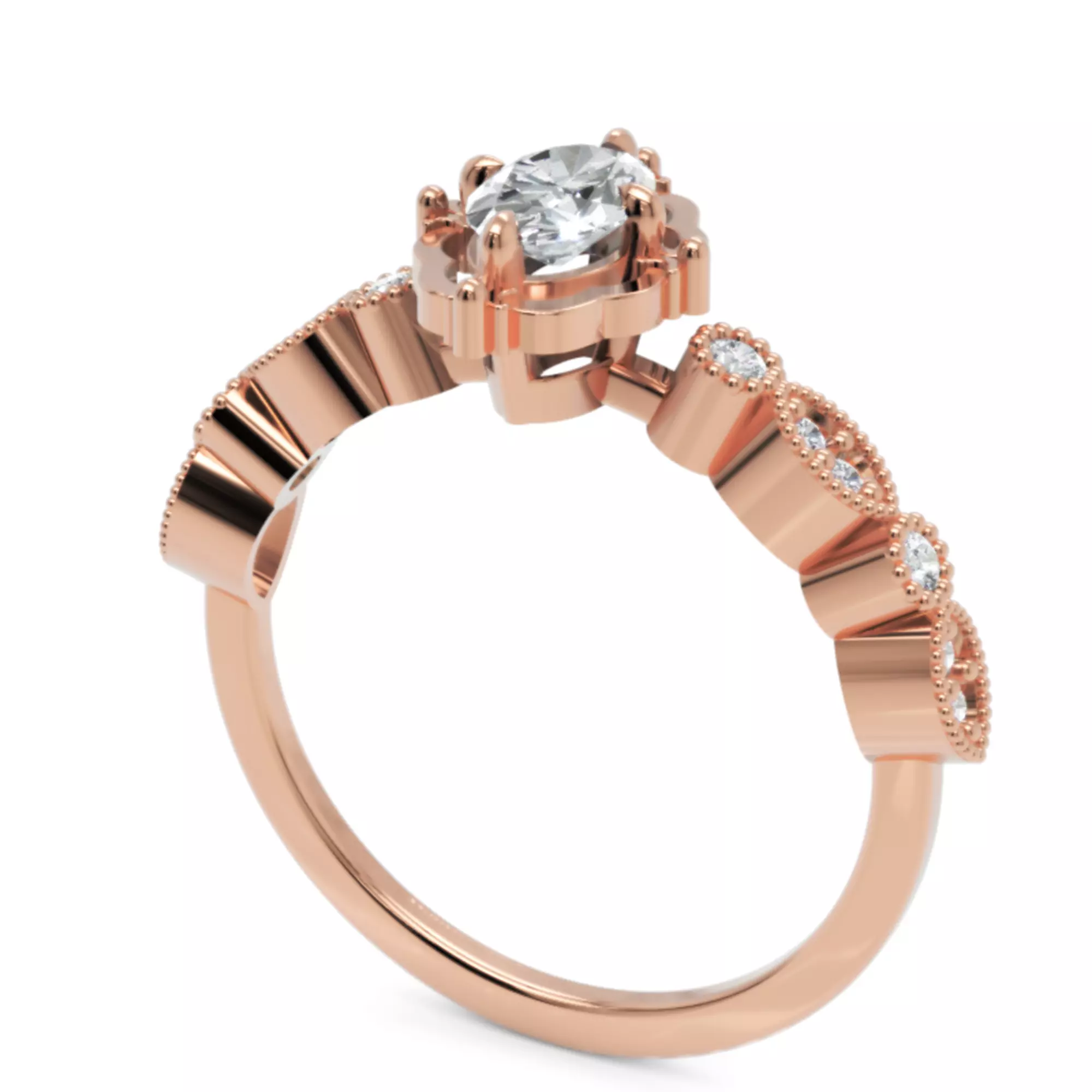 Oval Vintage Diamond Engagement Ring - Fine 14K Gold Jewellery 3D print model_3