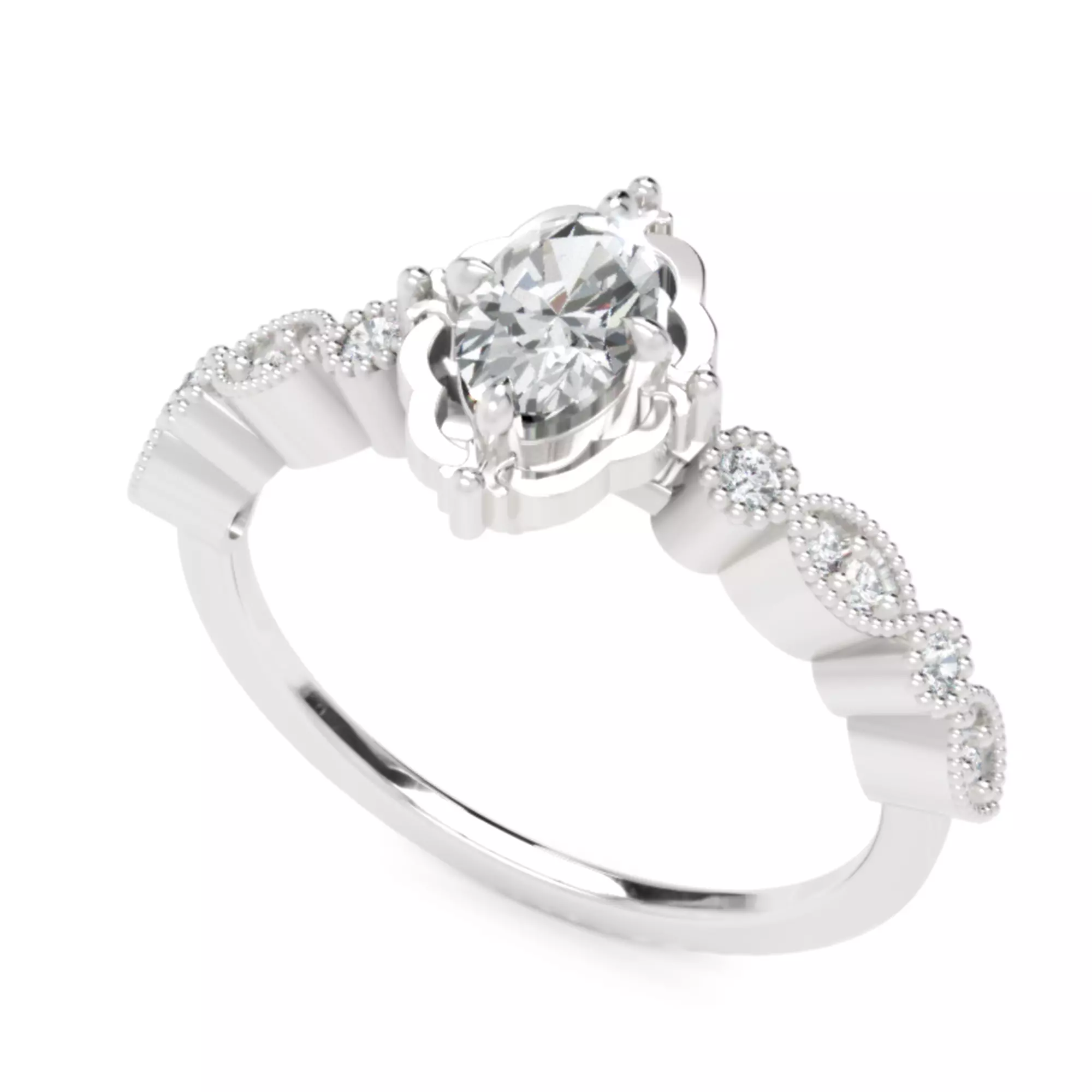 Oval Vintage Diamond Engagement Ring - Fine 14K Gold Jewellery 3D print model_0