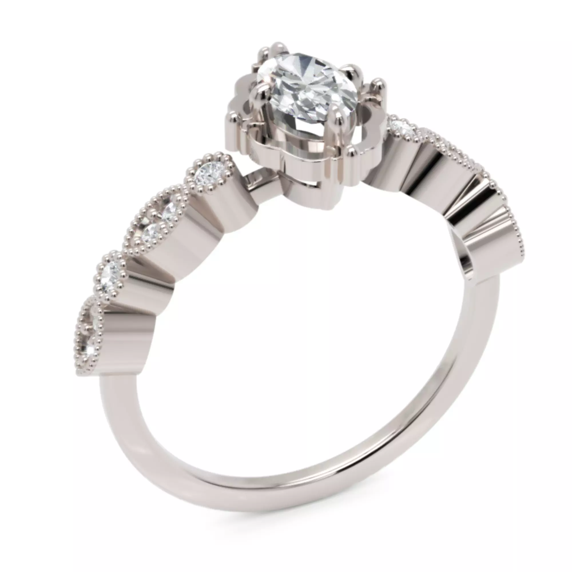 Oval Vintage Diamond Engagement Ring - Fine 14K Gold Jewellery 3D print model_1