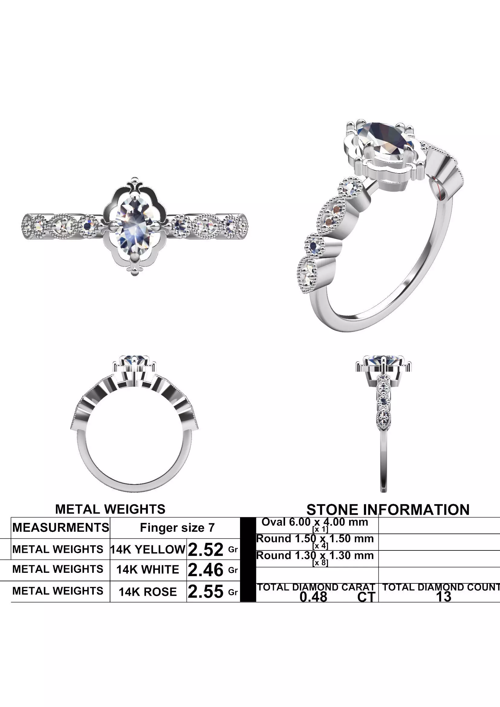 Oval Vintage Diamond Engagement Ring - Fine 14K Gold Jewellery 3D print model_11