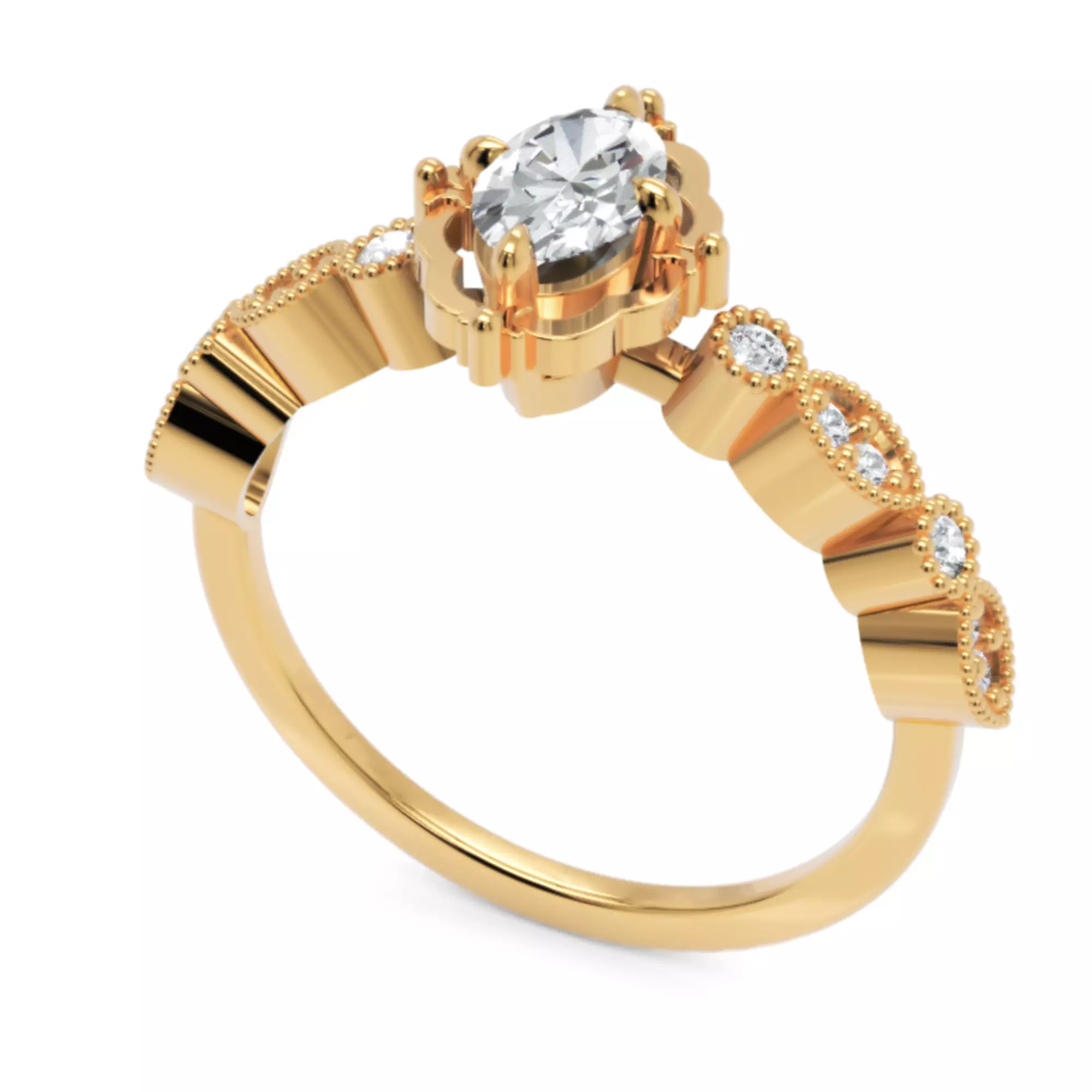 Oval Vintage Diamond Engagement Ring - Fine 14K Gold Jewellery 3D print model_6