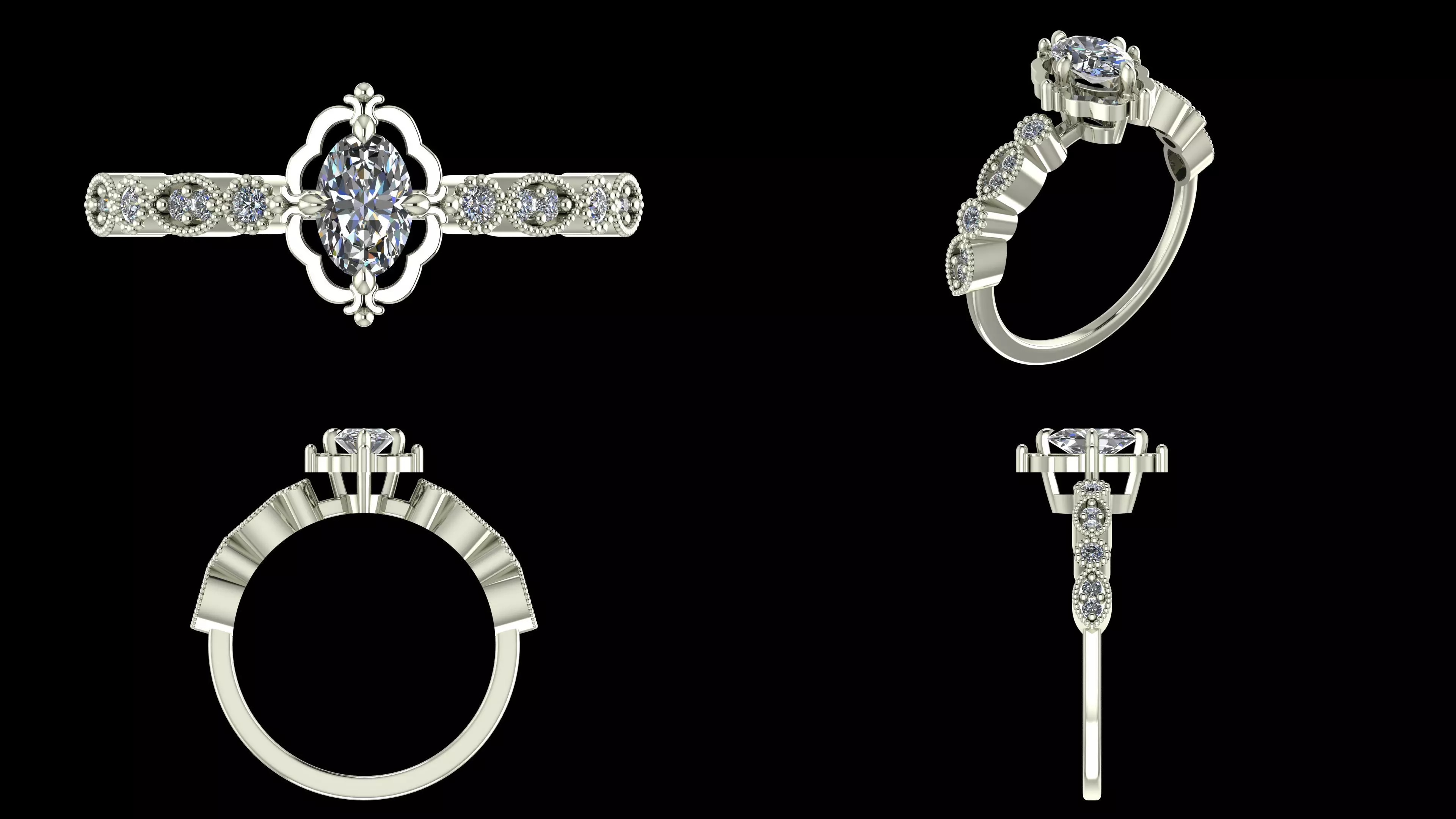 Oval Vintage Diamond Engagement Ring - Fine 14K Gold Jewellery 3D print model_7