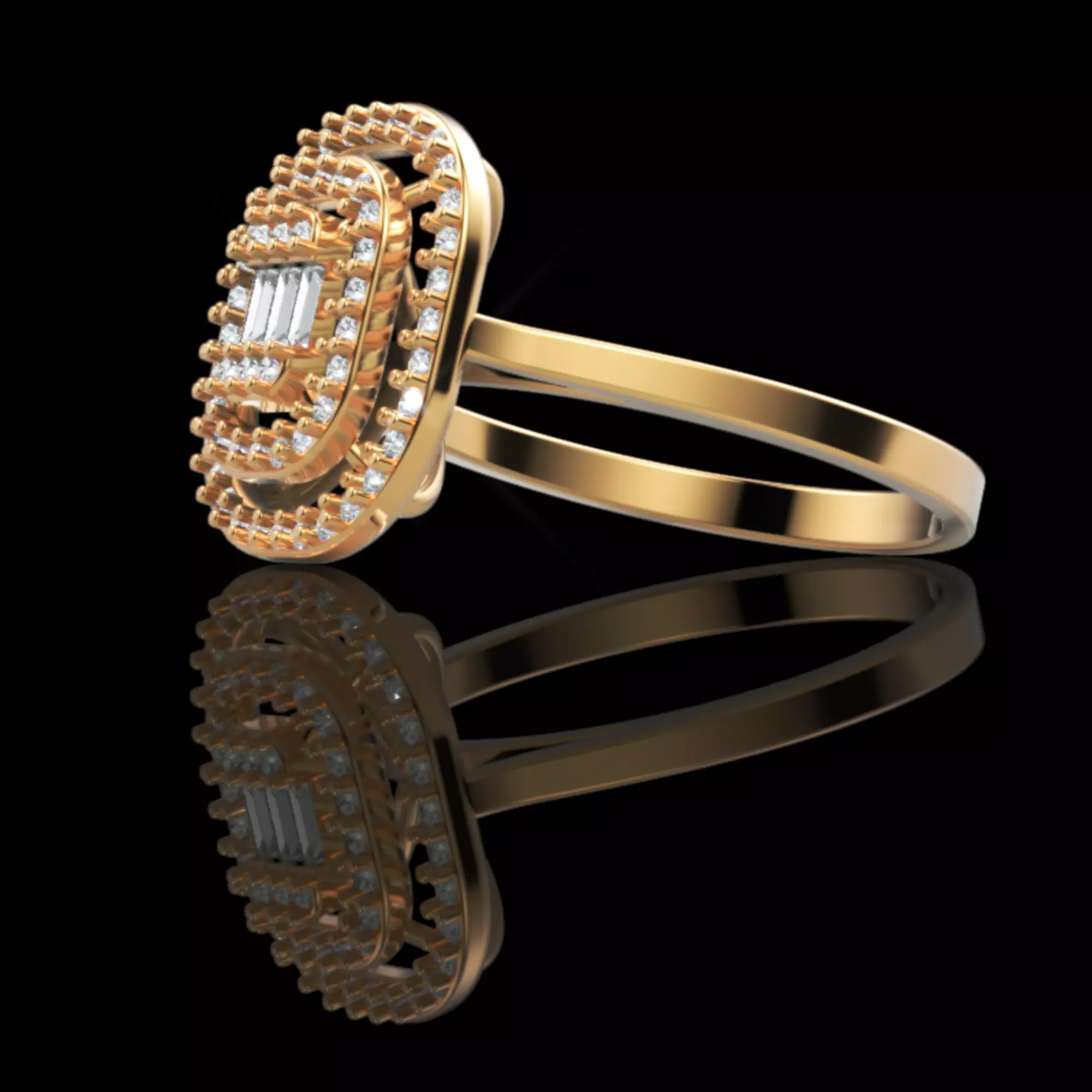Triple Halo Baguette Diamond Ring - 14K Gold Fine Jewellery 3D print model_2