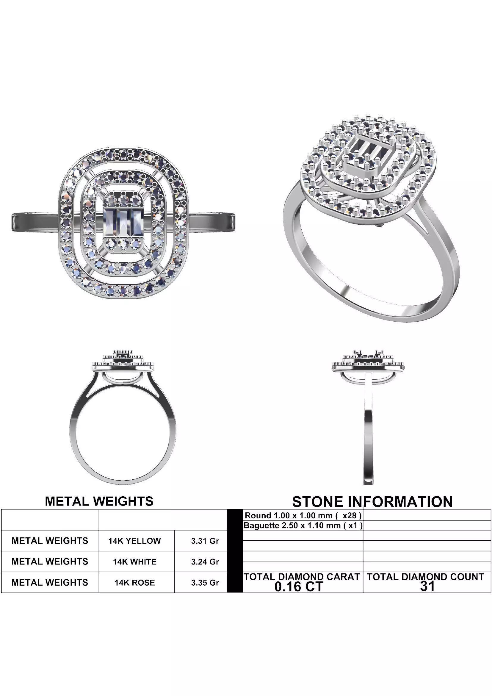 Triple Halo Baguette Diamond Ring - 14K Gold Fine Jewellery 3D print model_9