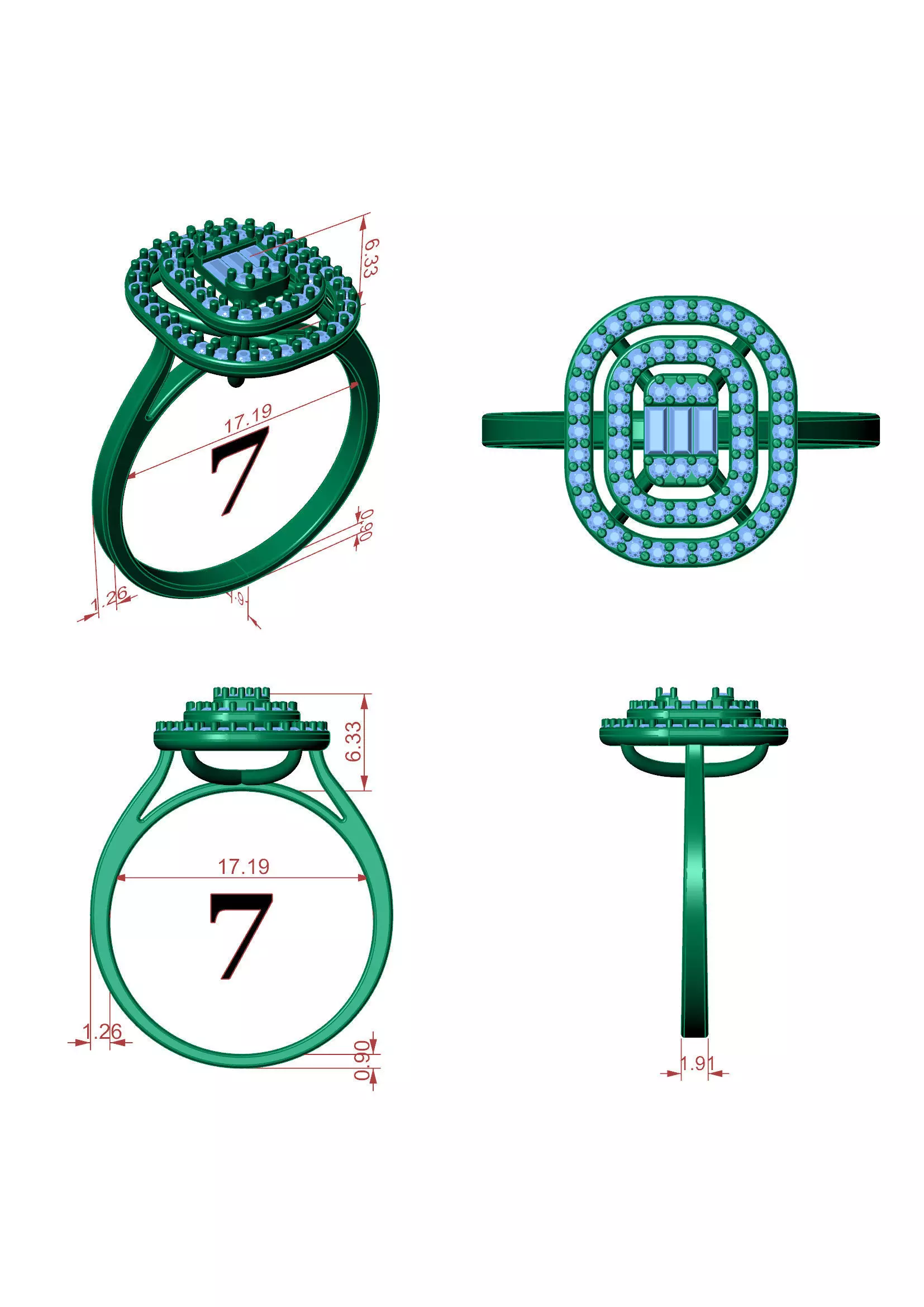 Triple Halo Baguette Diamond Ring - 14K Gold Fine Jewellery 3D print model_13