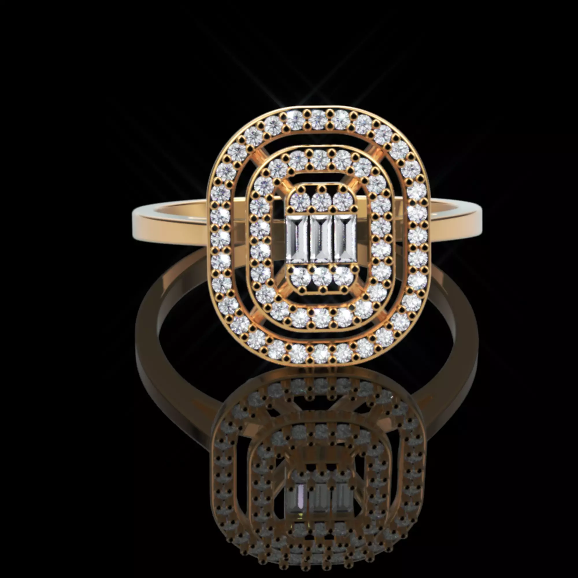 Triple Halo Baguette Diamond Ring - 14K Gold Fine Jewellery 3D print model_1