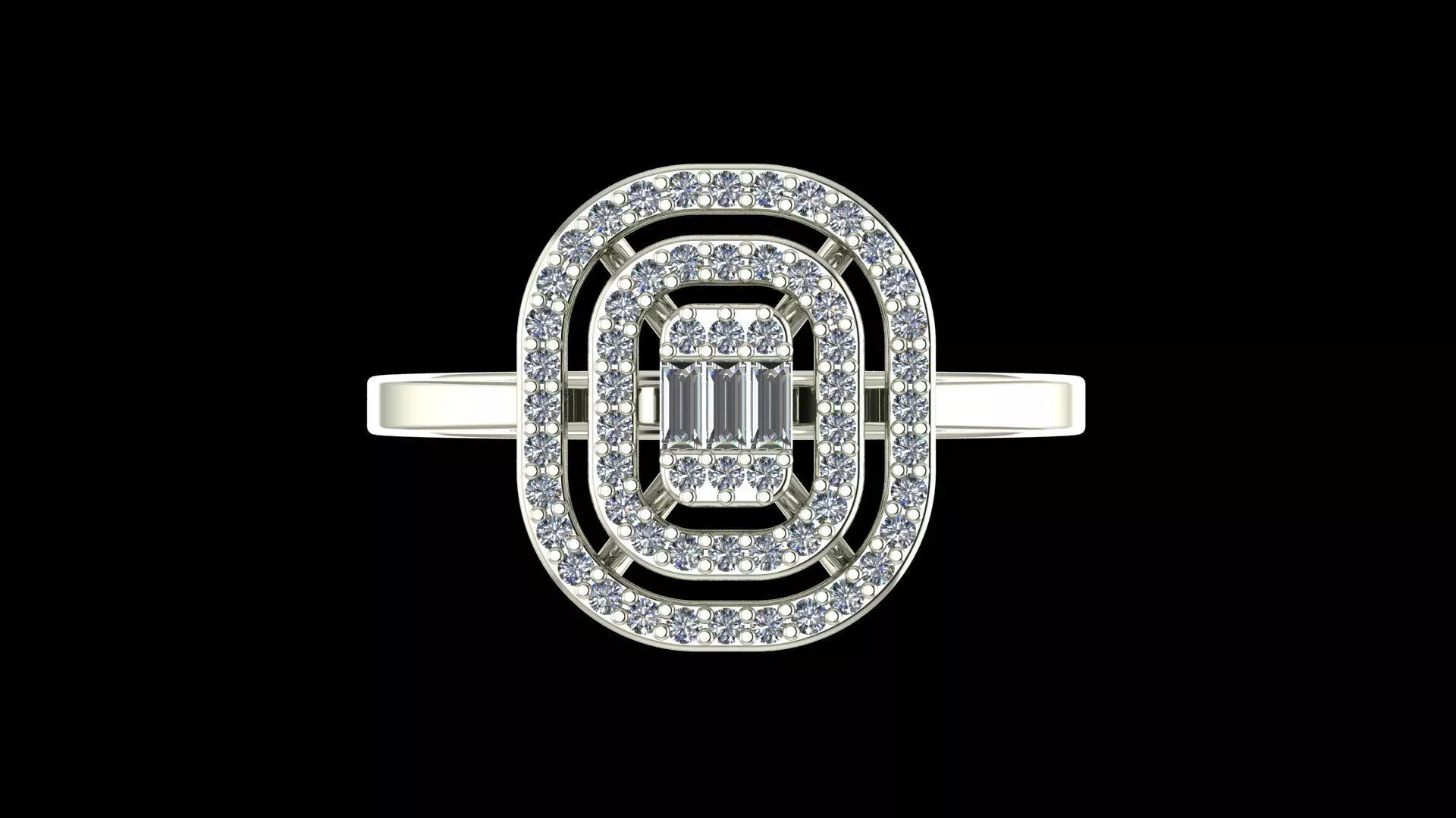 Triple Halo Baguette Diamond Ring - 14K Gold Fine Jewellery 3D print model_6