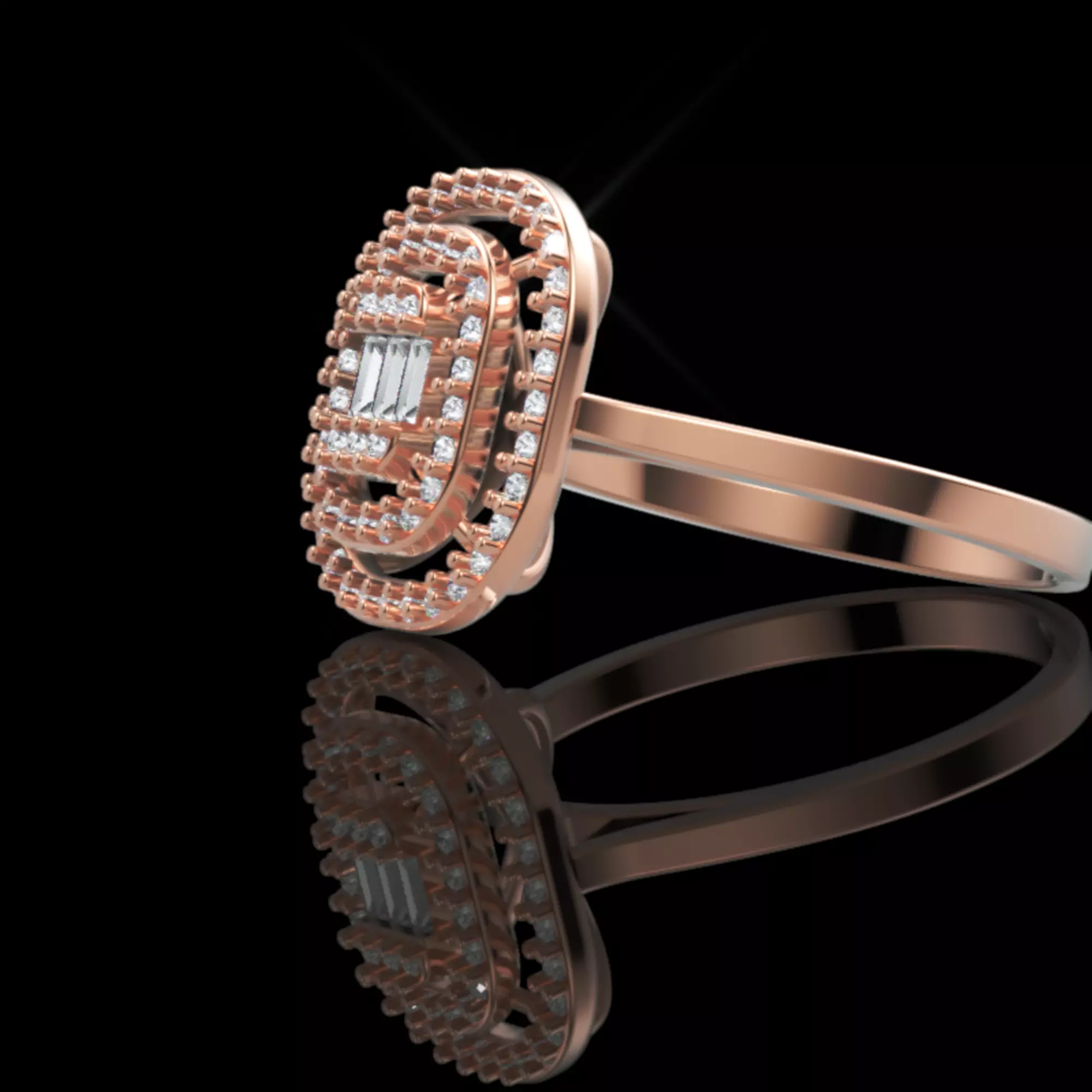 Triple Halo Baguette Diamond Ring - 14K Gold Fine Jewellery 3D print model_5