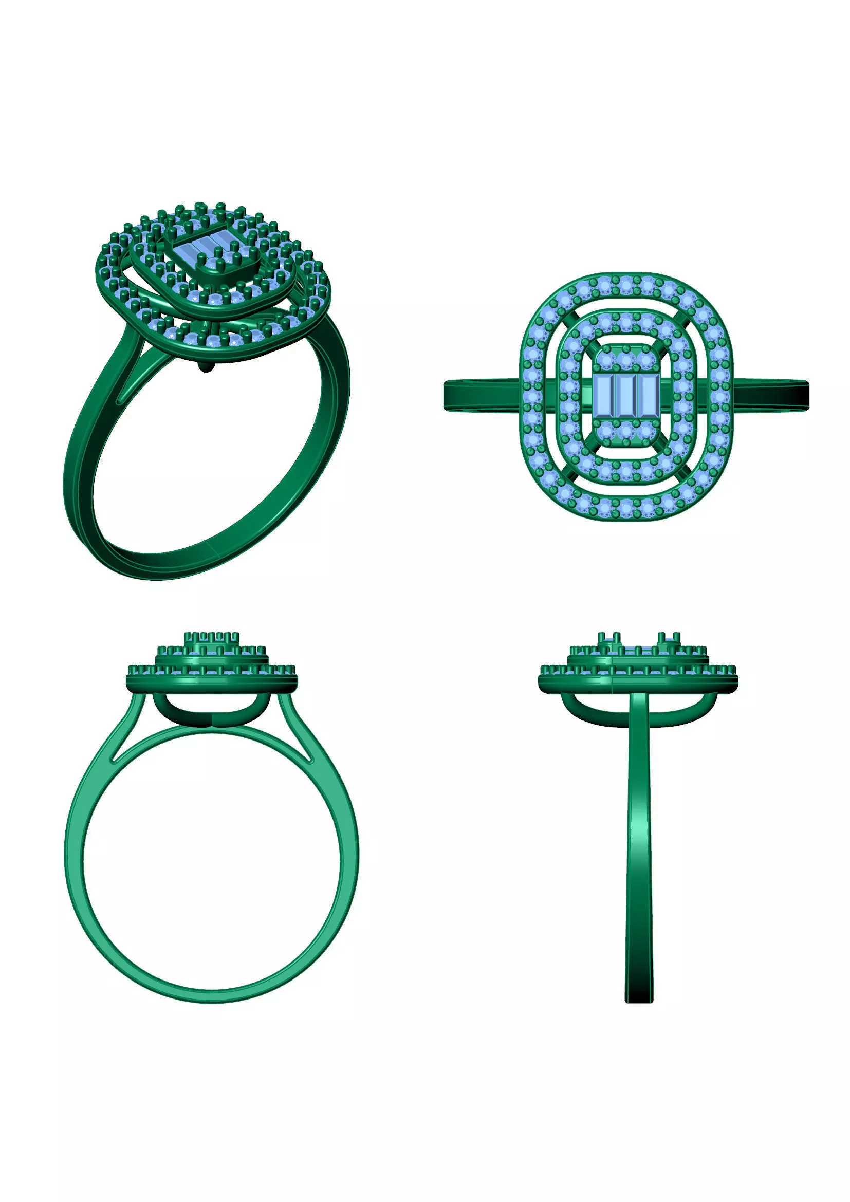 Triple Halo Baguette Diamond Ring - 14K Gold Fine Jewellery 3D print model_11