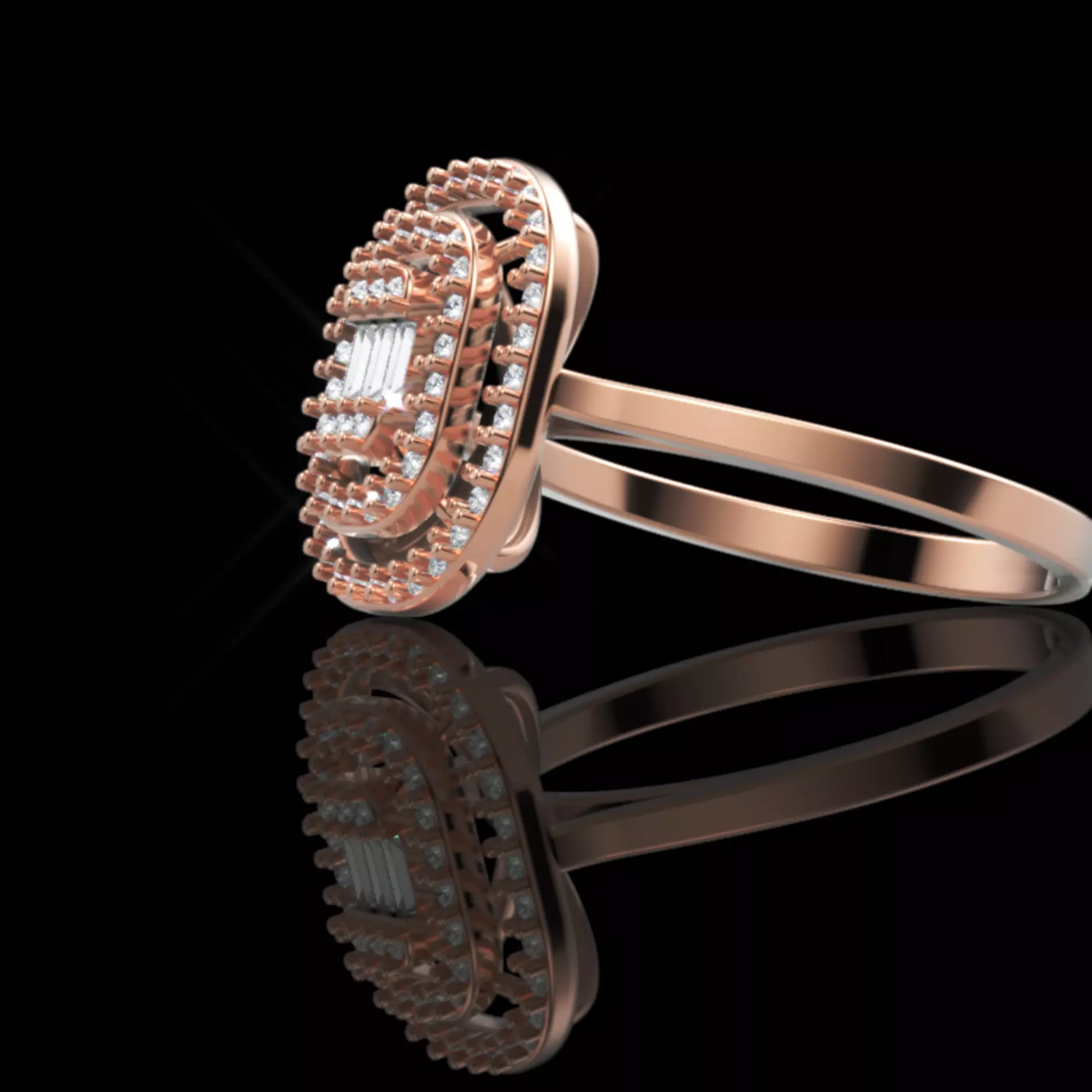 Triple Halo Baguette Diamond Ring - 14K Gold Fine Jewellery 3D print model_4
