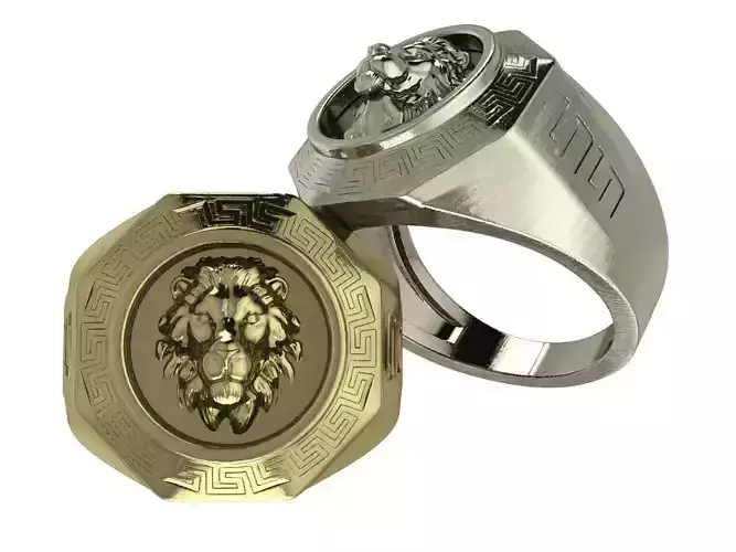 Lion Head Signet Ring - 14K Gold Greek Pattern Men Jewellery