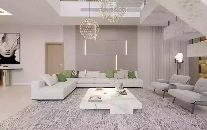Modern Luxury Living Room and Dining Interior 3D Scene