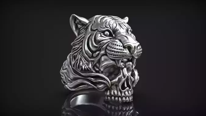 Tiger Head Skull Hunter Mens Biker Ring 