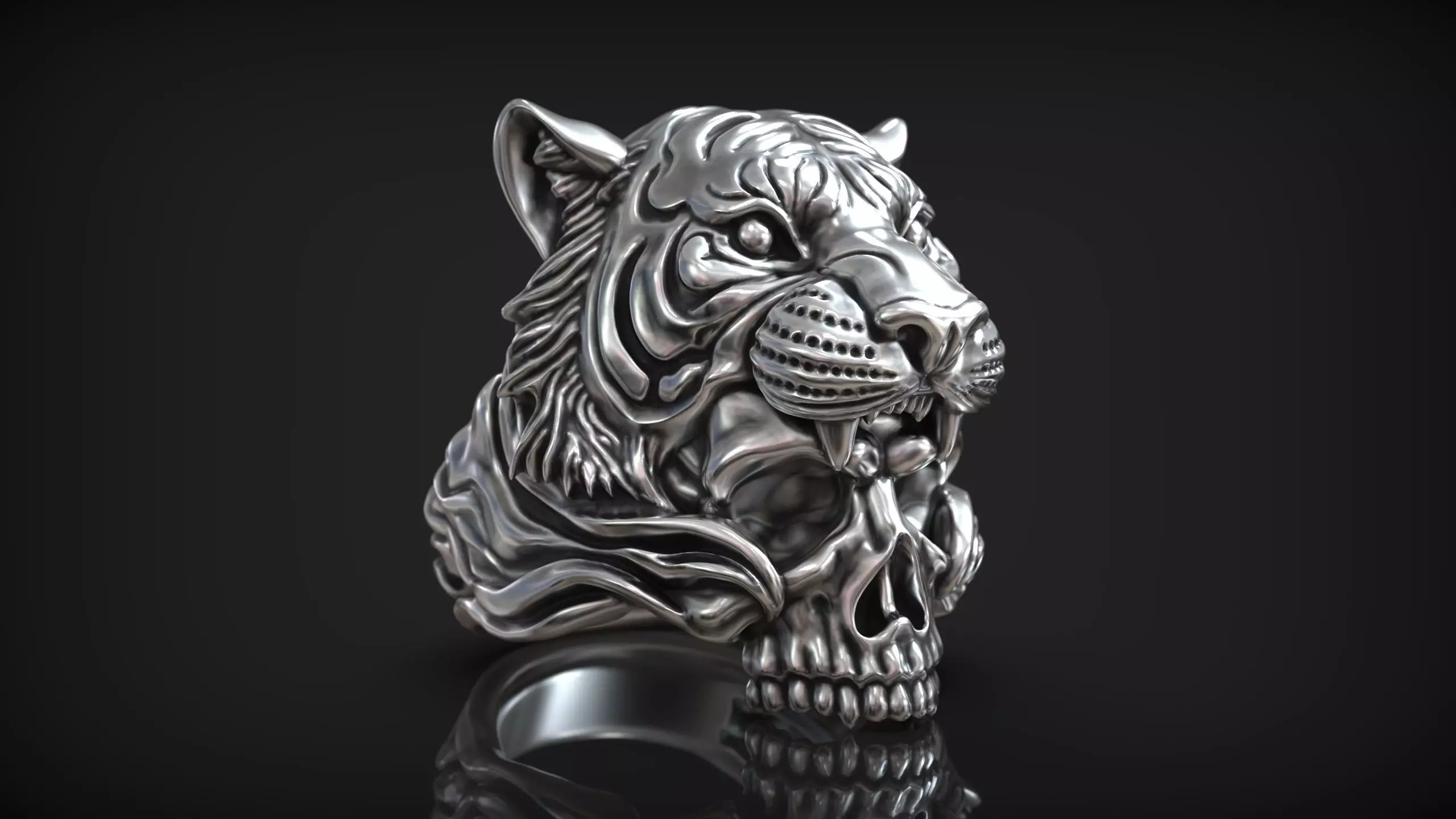 Tiger Head Skull Hunter Mens Biker Ring 3D print model