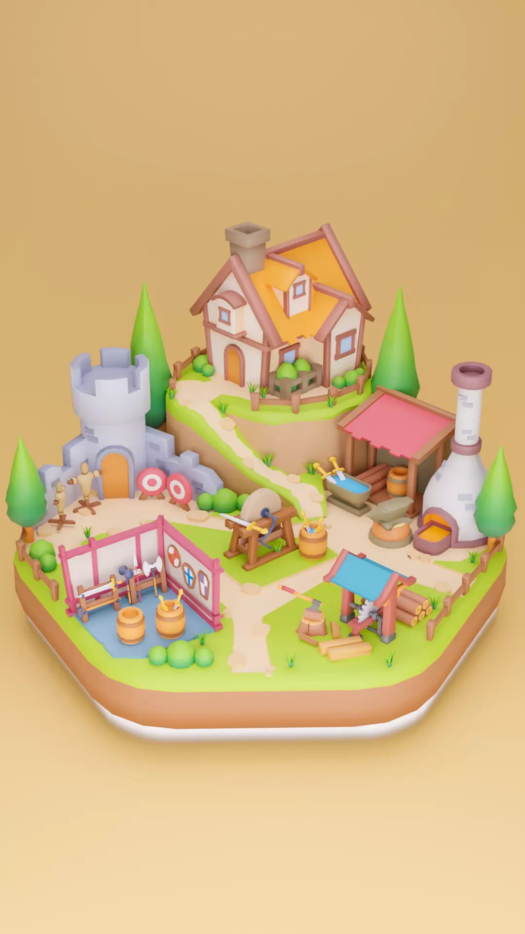 Low Poly Cartoon Blacksmith  Diorama Low-poly 3D model_0