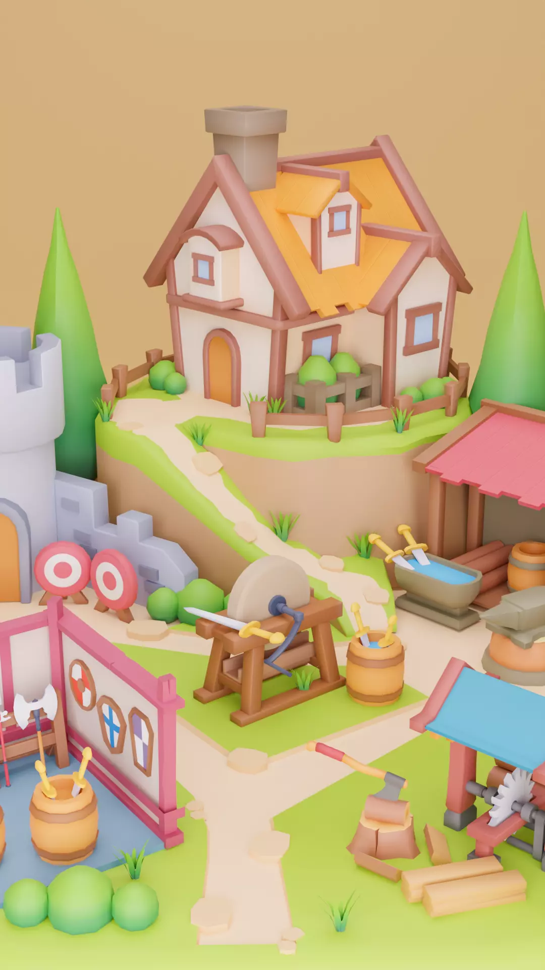 Low Poly Cartoon Blacksmith  Diorama Low-poly 3D model_1