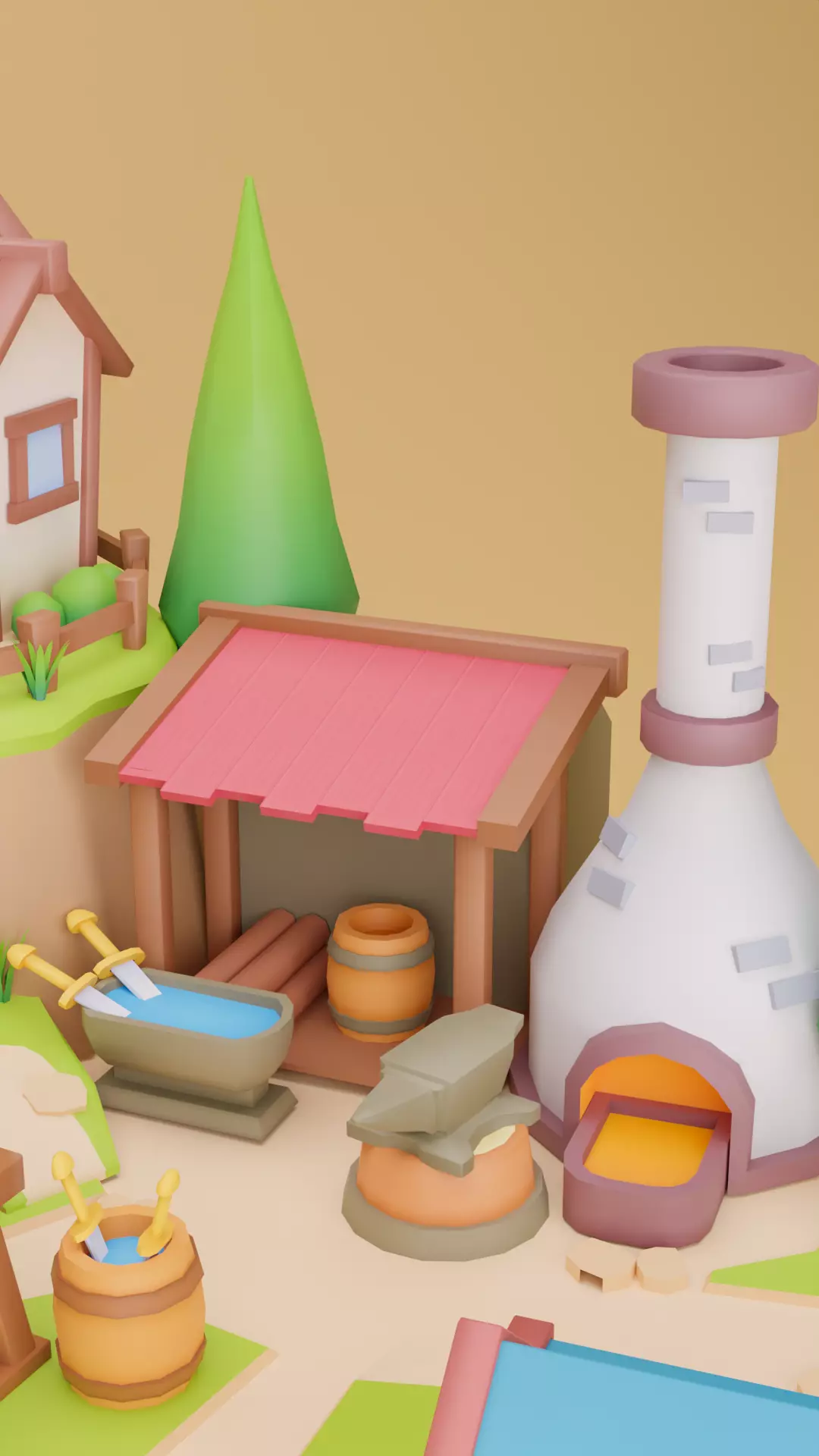 Low Poly Cartoon Blacksmith  Diorama Low-poly 3D model_2