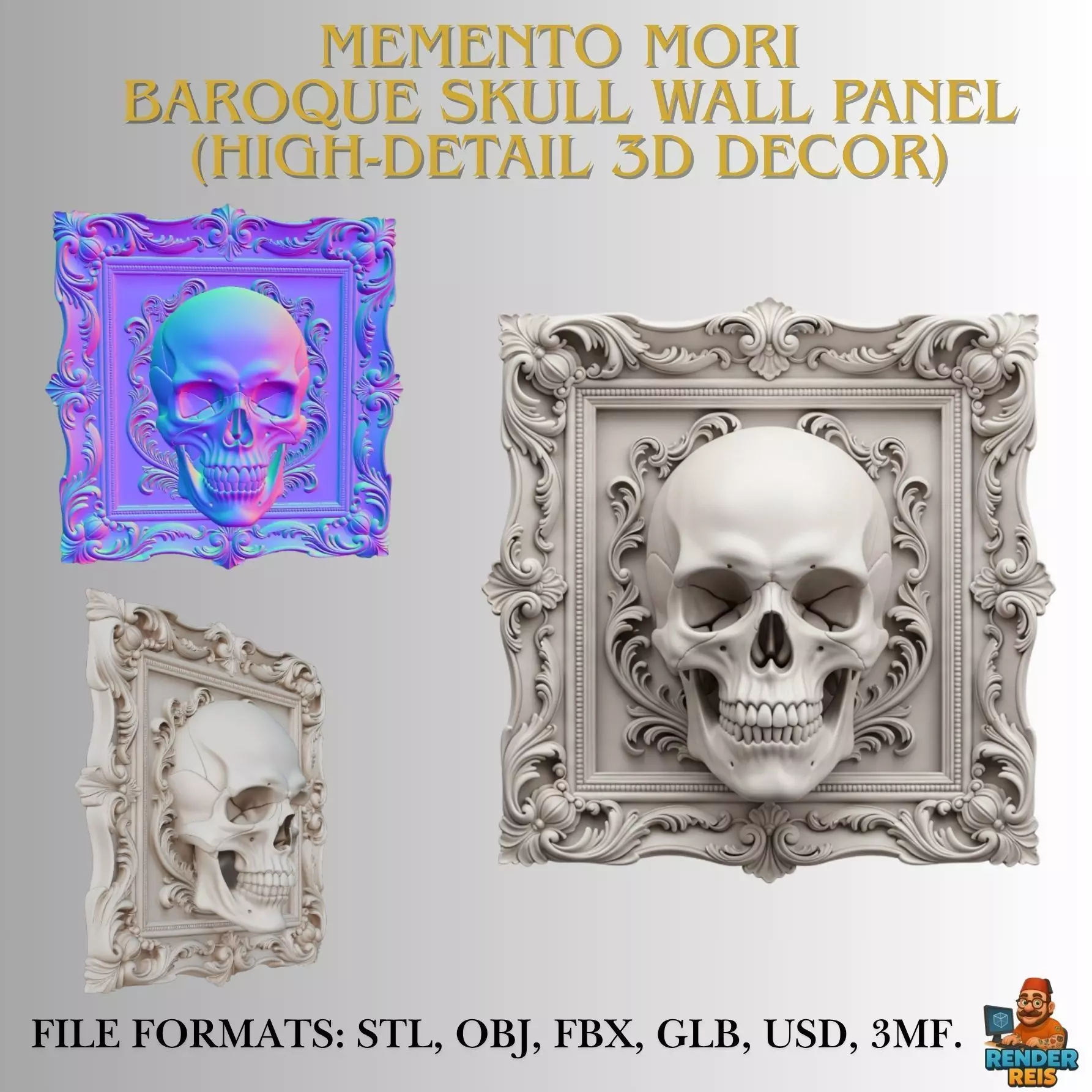 Memento Mori Baroque Skull Wall Panel 3D print model