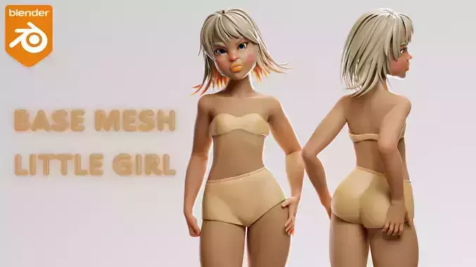 Cartoon female character little girl base mesh Low-poly 3D