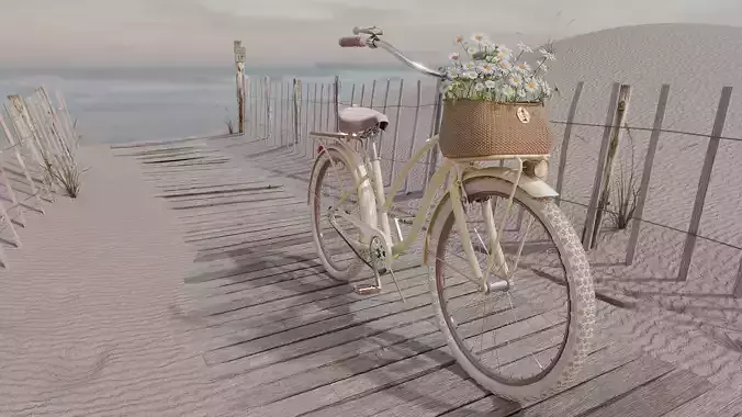 Beach cruiser bicycle with daisy basket and beach scene