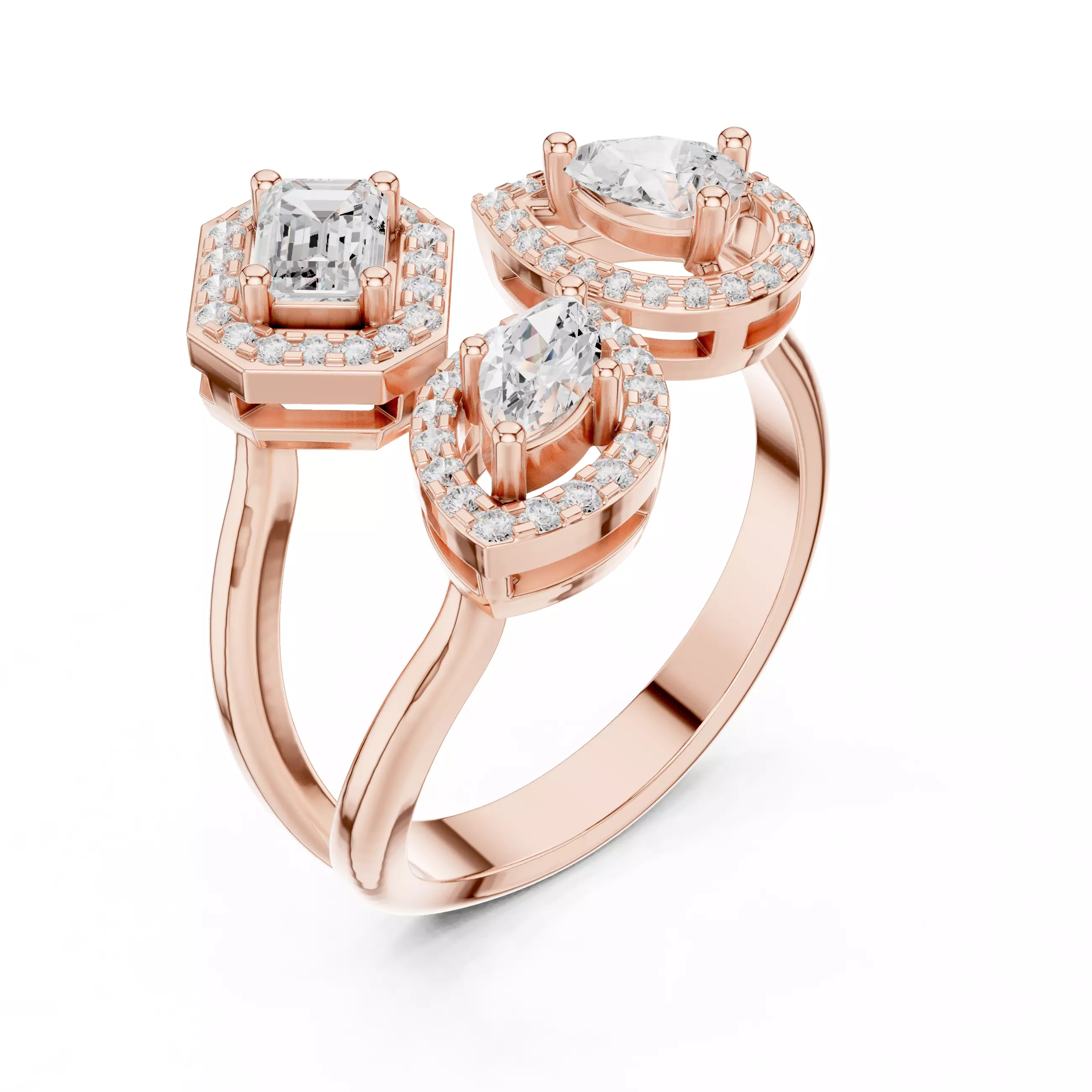 Trio Toi et Moi Solitaire Ring 3dm stl renders animation 3D print model_4