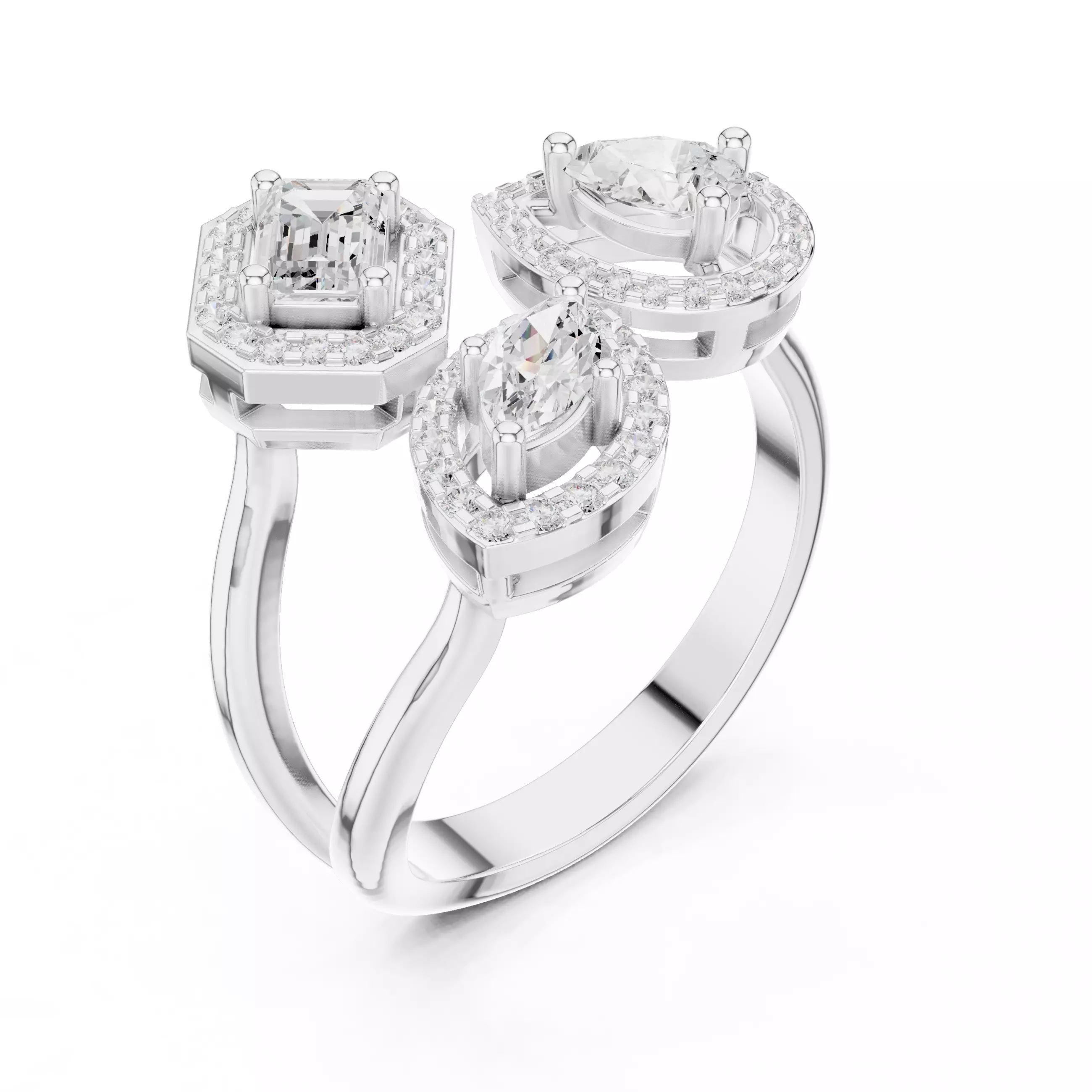 Trio Toi et Moi Solitaire Ring 3dm stl renders animation 3D print model_7