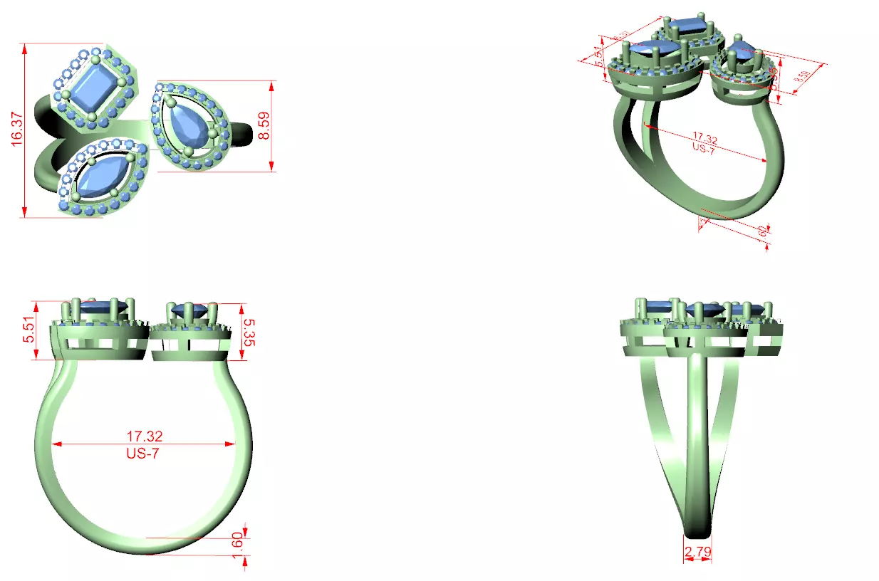 Trio Toi et Moi Solitaire Ring 3dm stl renders animation 3D print model_1