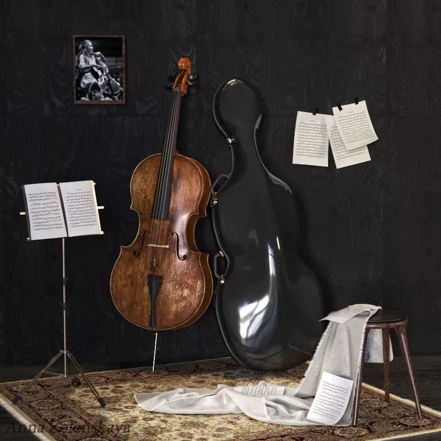 Cello Set 3D Model  Realistic Classical Interior Scene 3D model_1