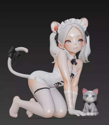 Beautiful white haired girl looking at you 3D print model_5