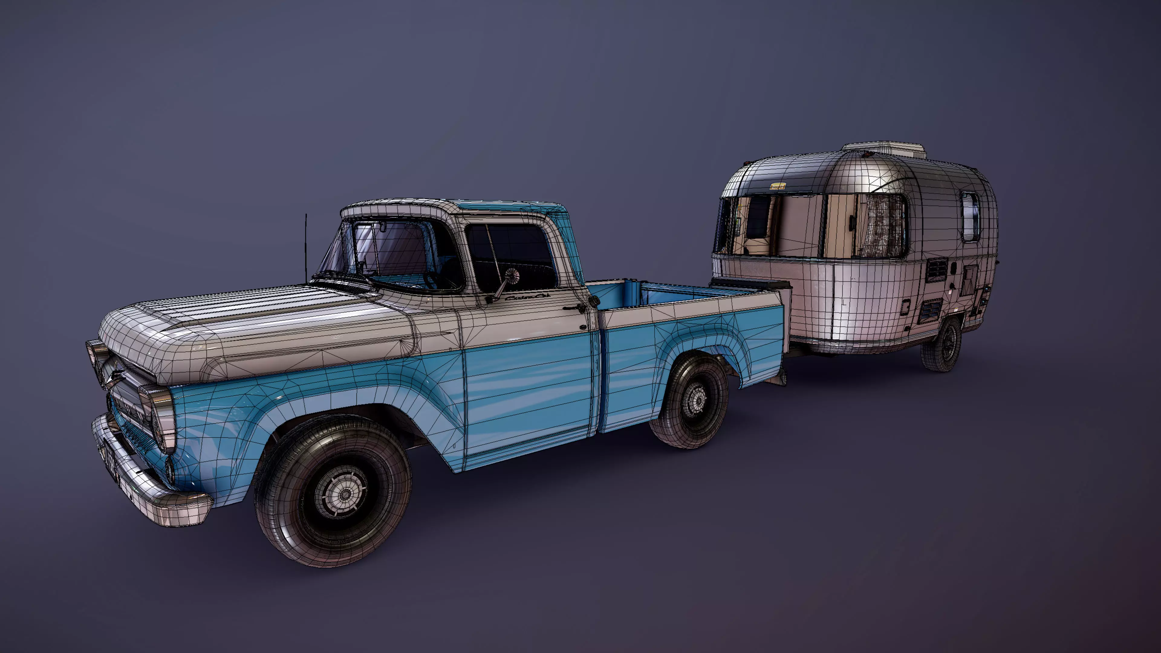 50s American pickup truck with camper trailer Low-poly 3D model_45
