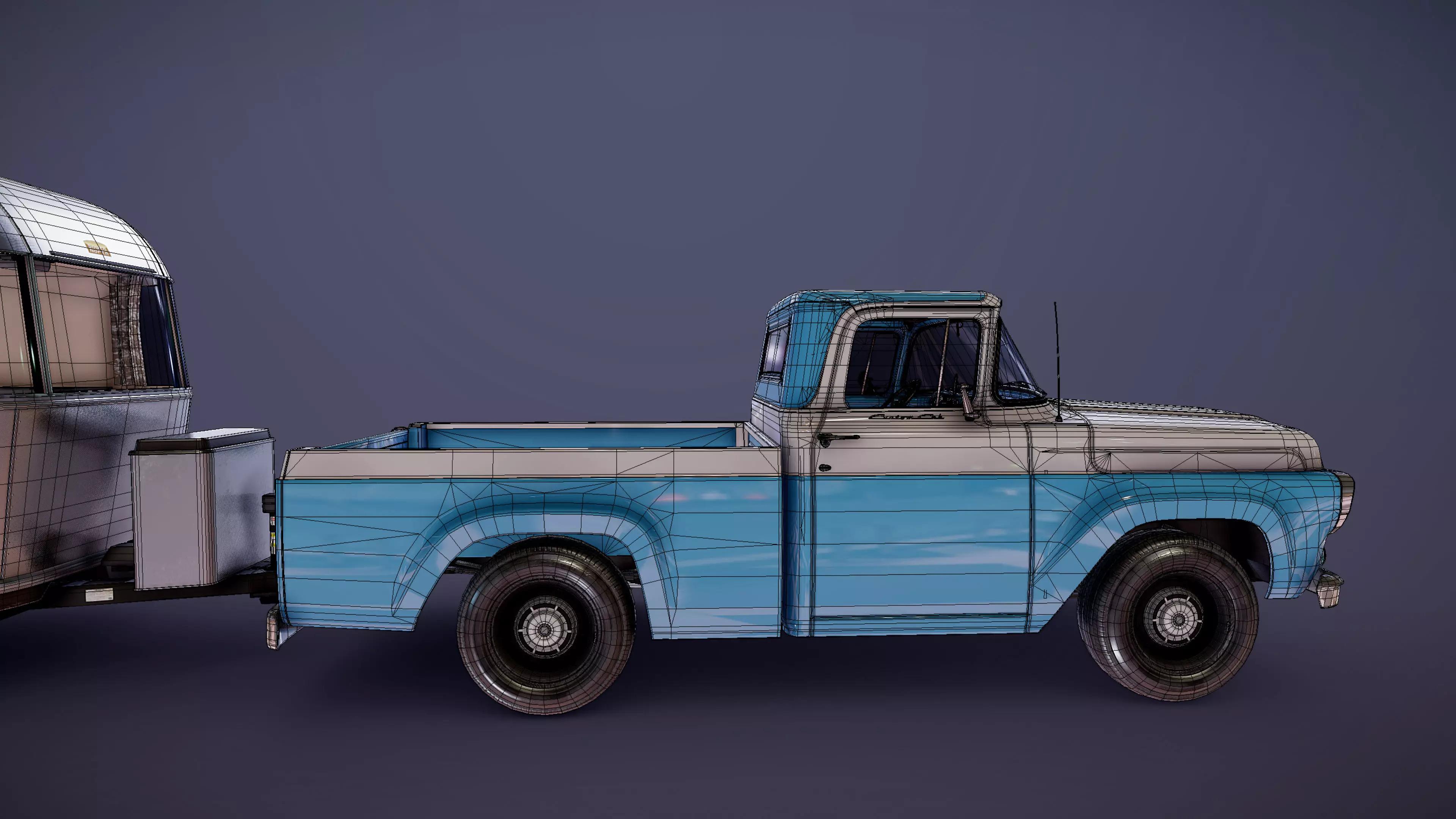 50s American pickup truck with camper trailer Low-poly 3D model_50