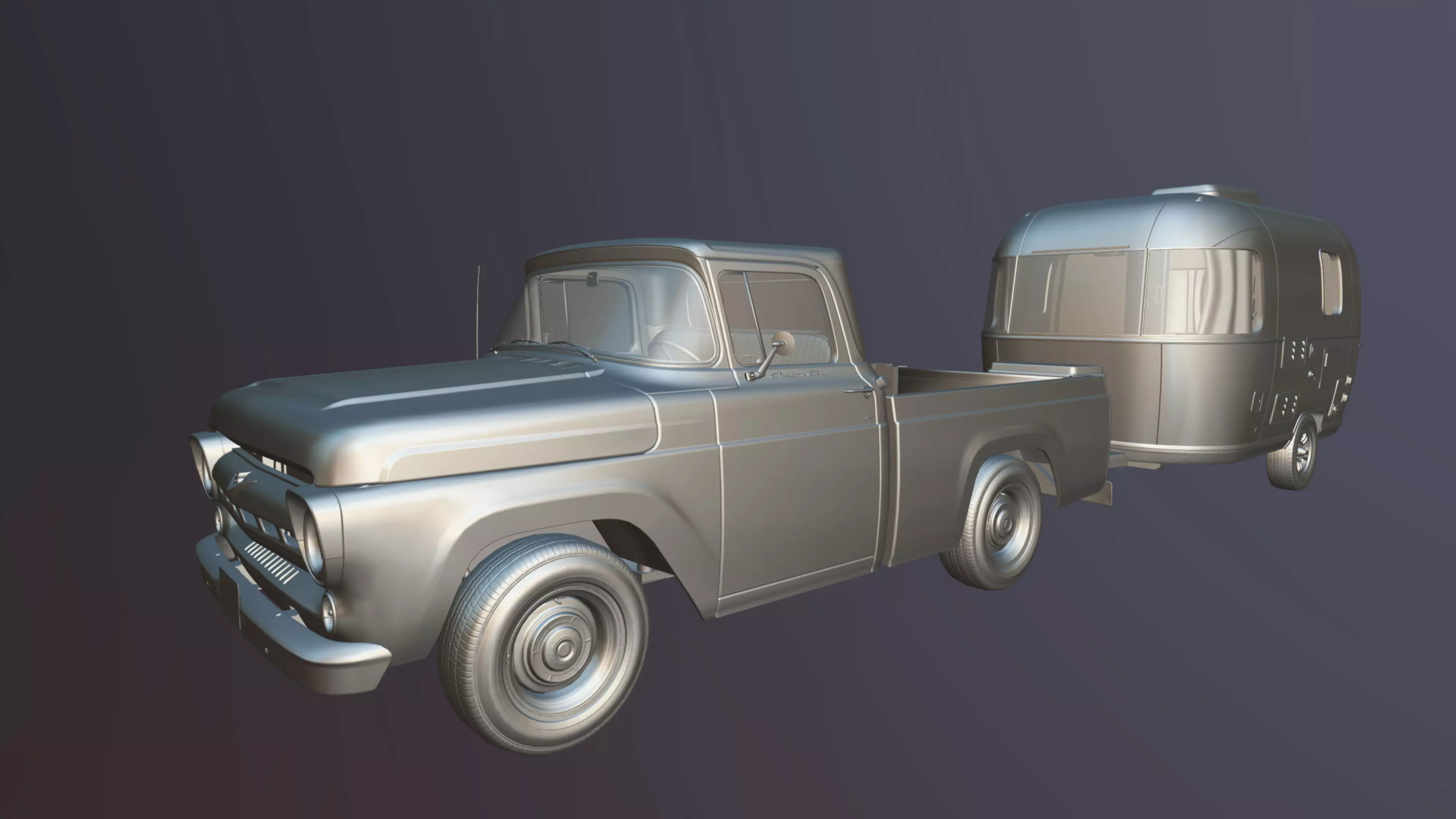 50s American pickup truck with camper trailer Low-poly 3D model_51