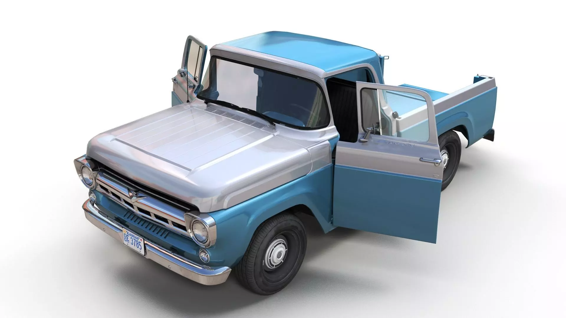 50s American pickup truck with camper trailer Low-poly 3D model_15