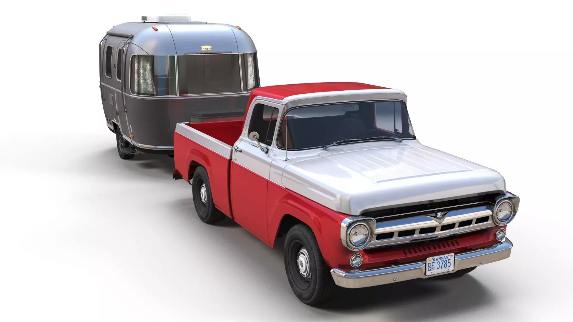 50s American pickup truck with camper trailer Low-poly 3D model_8